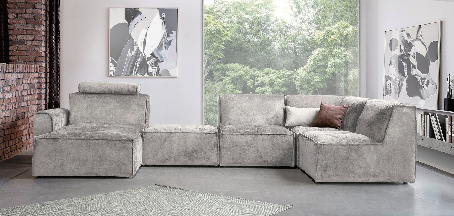 RAUM.ID Zithoek Monolid U-Vorm Afzonderlijke module voor combinatie op maat, bekleding in teddy-look (7-delig)