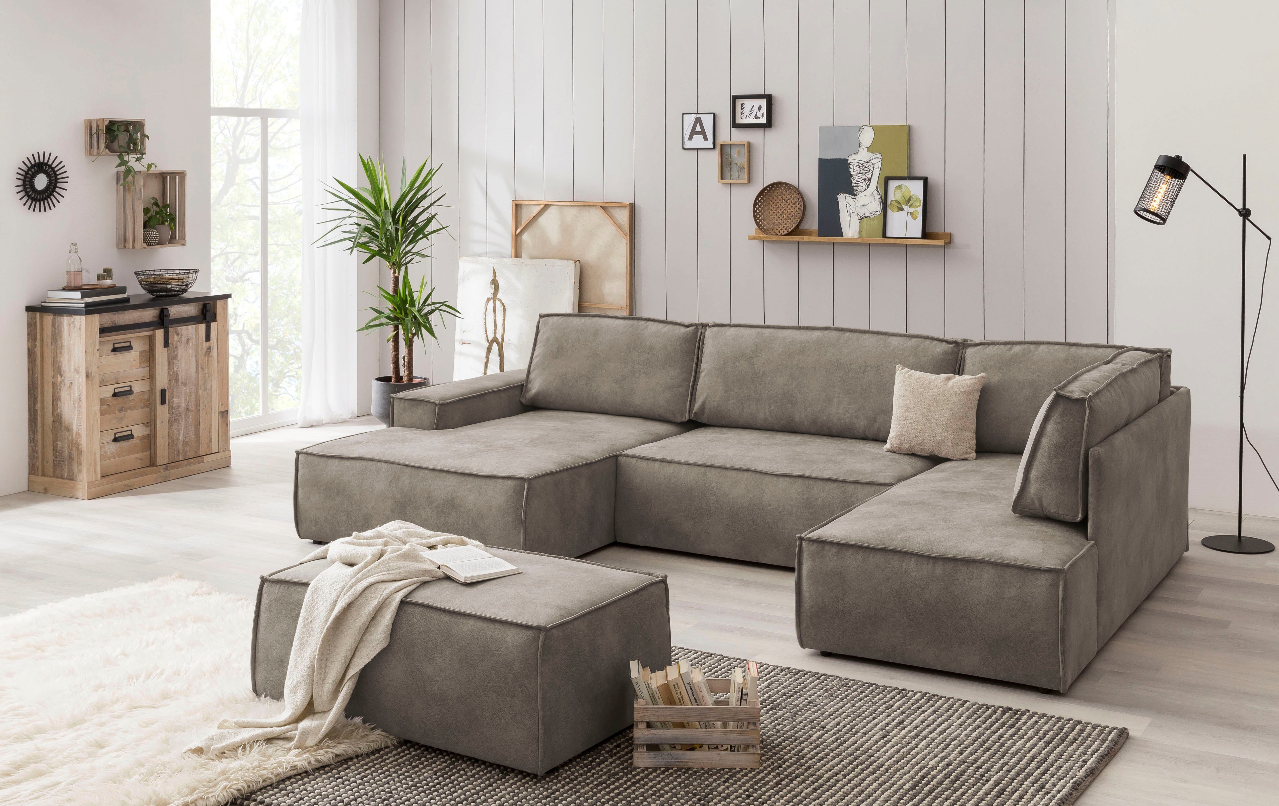 Home affaire Zithoek SHERWOOD 329 cm, U-vorm, slaapbank, Slaapfunctie met bedkist (194x139 cm), cord, vintage, fluweel