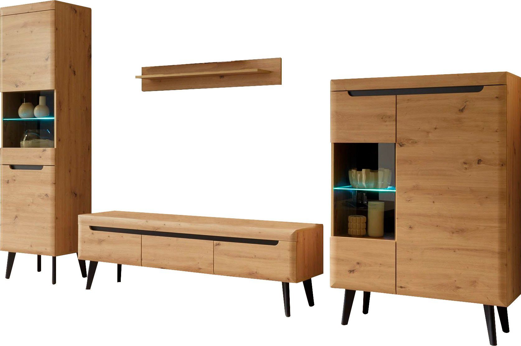 INOSIGN Wandmeubel Torge, wandmeubel, kastwand, mediawand, woonkamer-set bevat 2 vitrines, 1 lowboard, 1 wandplank, 343 cm breed (set, 4-delig)