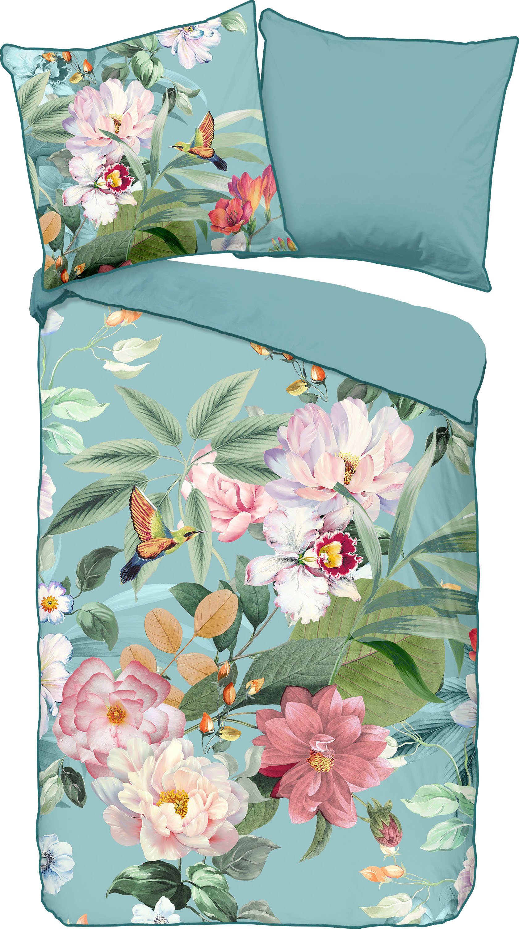 Descanso Tweezijdig te gebruiken overtrekset Fungi Katoen, Satijn, 135x200, Bies, Rits, Omkeerbaar, Bloemen Turquoise