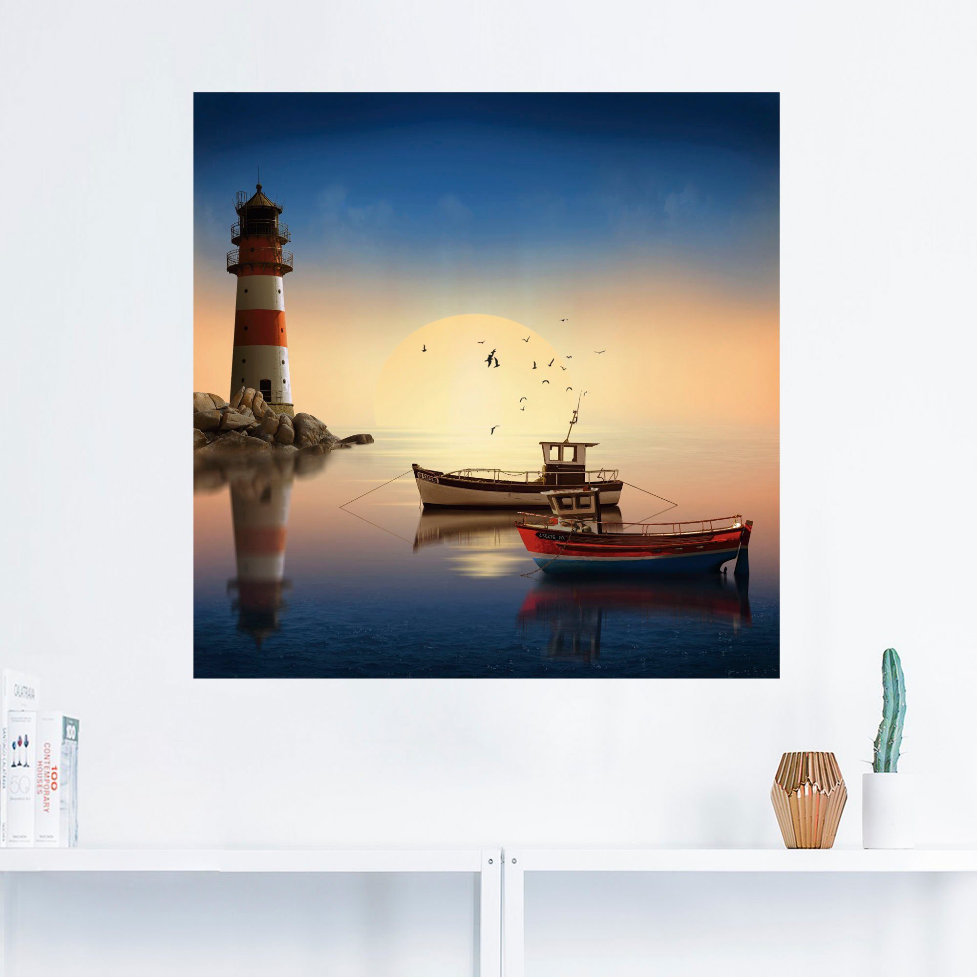 Artland Artprint Kleine haven met vuurtoren als artprint op linnen, muursticker in verschillende maten