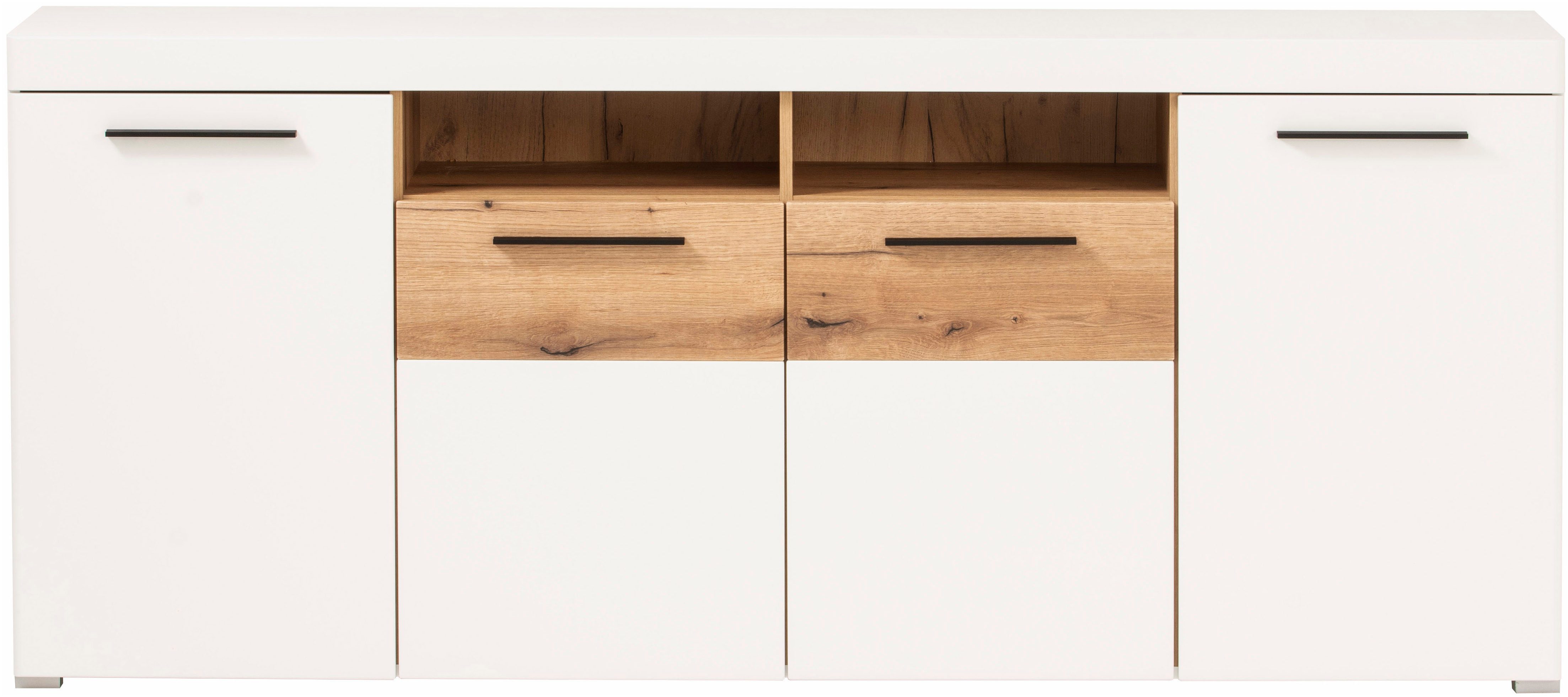 INOSIGN Dressoir Salerno, moderne kast, Highboard in Wit met Eik Evoke Decor Metalen handgrepen, voldoende opbergruimte, veelzijdig inzetbaar, 205 cm breed
