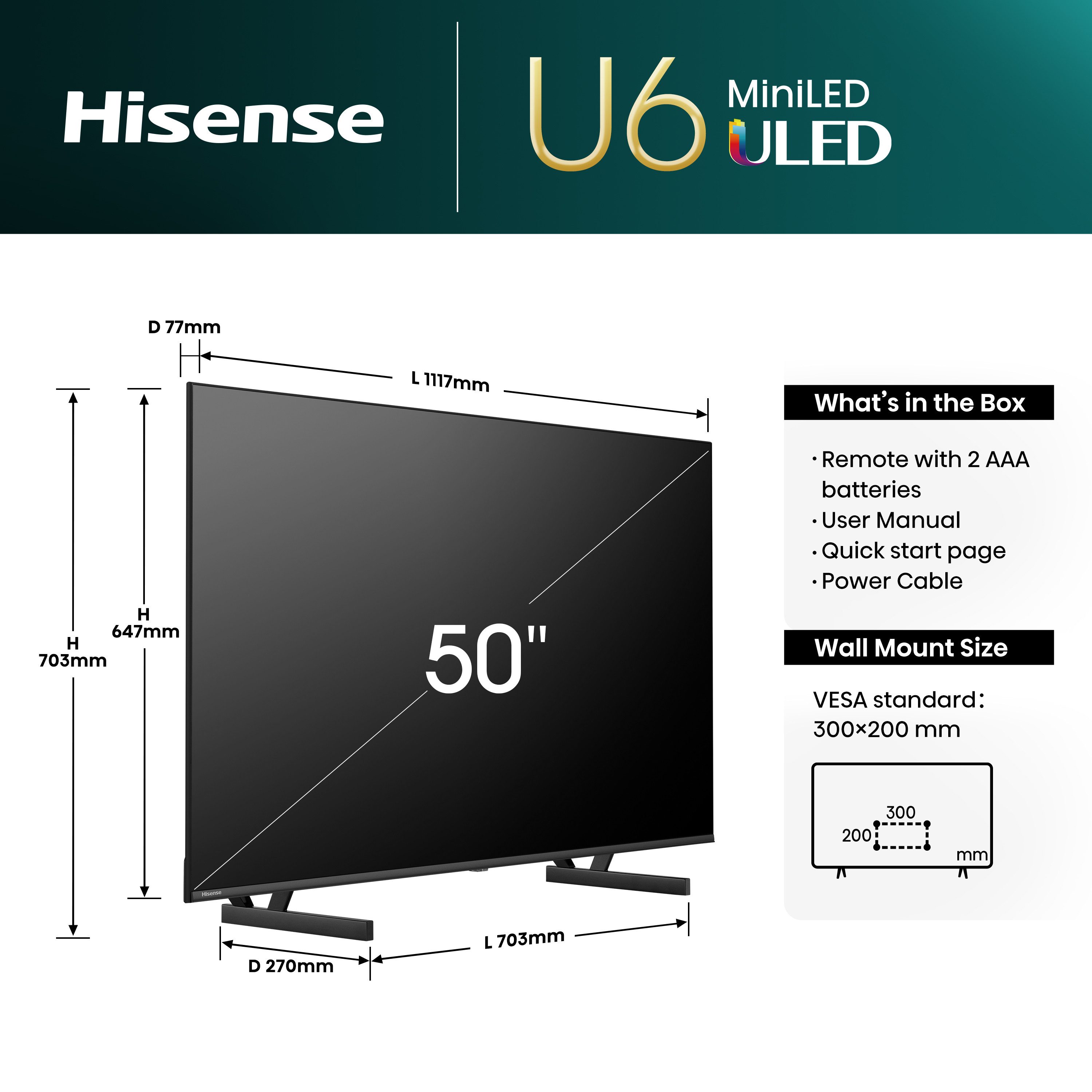 Hisense Mini-led-tv 50U6NQ, 126 cm / 50", 4K Ultra HD, Smart TV, 4k uhd, uled, mini led