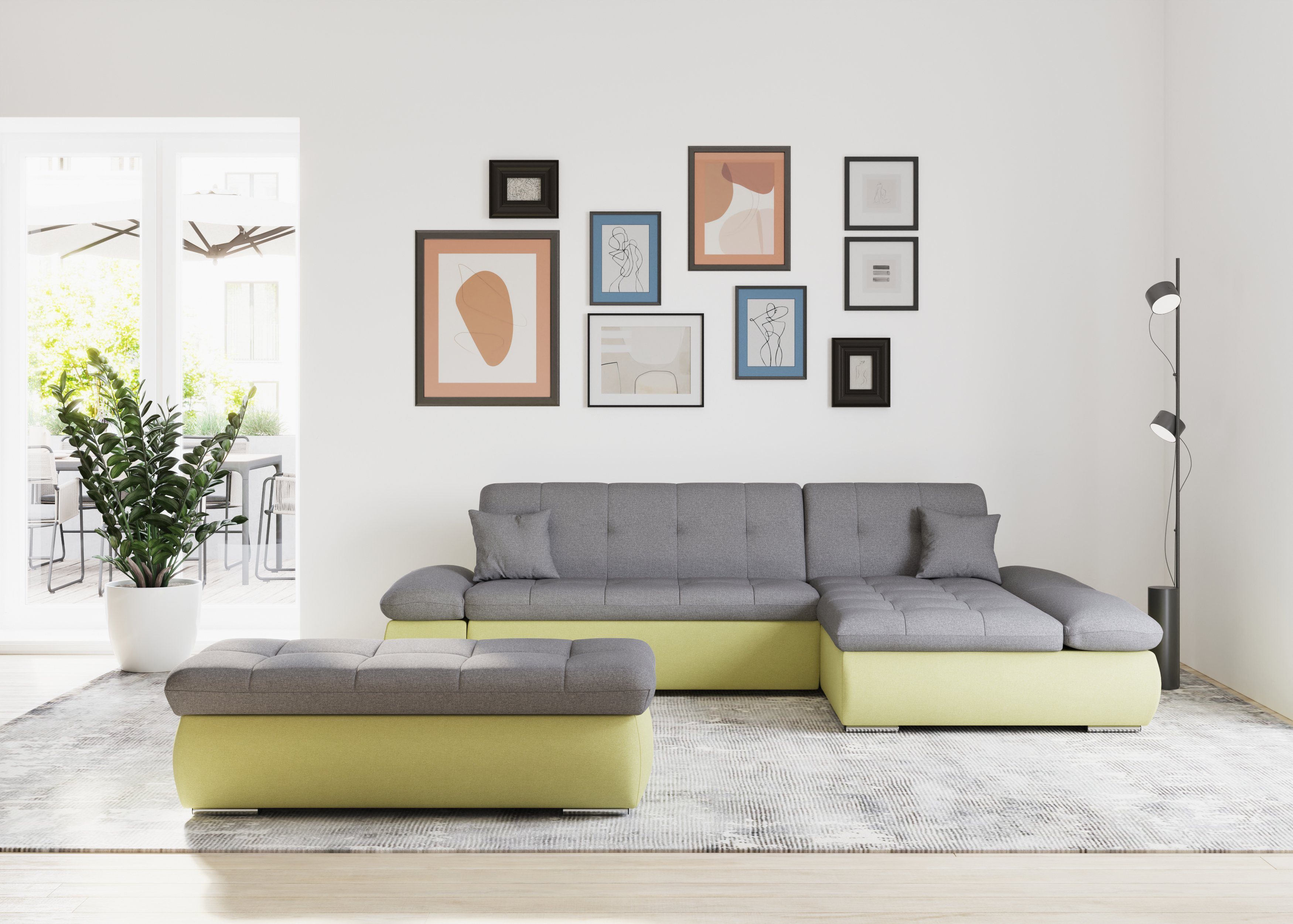DOMO collection Hoekbank Moric, L-vorm, XXL-bank - Breedte 300cm keuze met bedfunctie en armleuningverstelling, donkergroen
