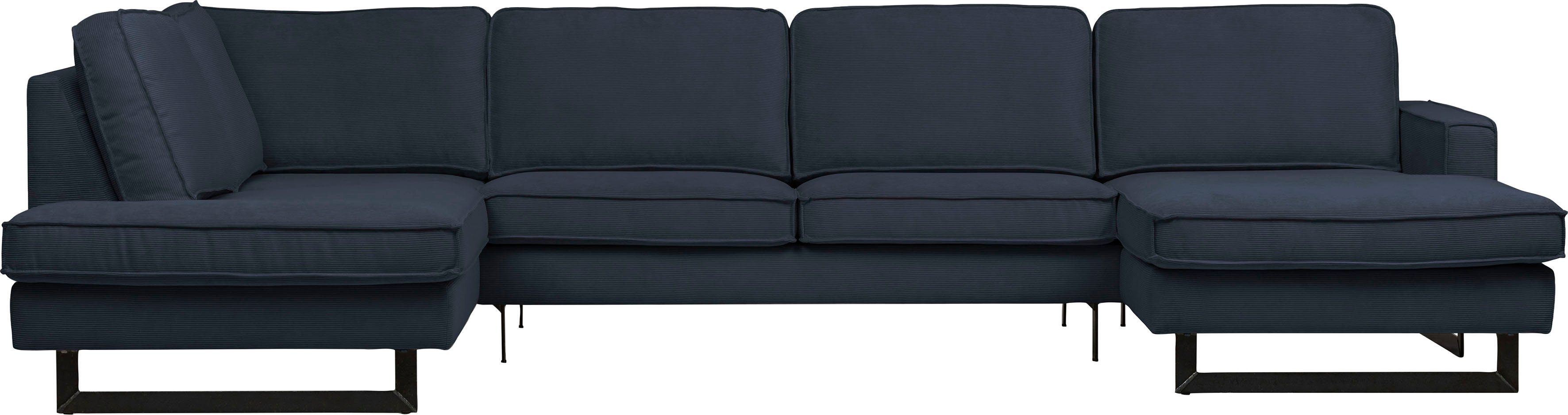 Places of Style Zithoek Pinto, 350 cm, U-vorm, XXL, met ottomanen Cord, chenille, leerlook, met bies, metalen voeten, golfondersteuning
