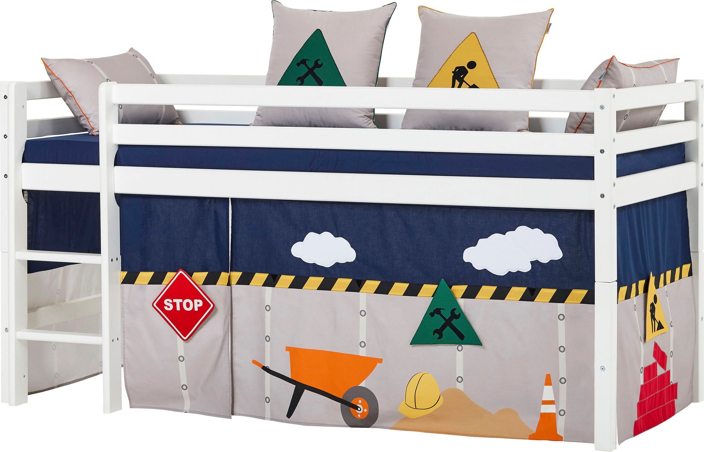 Hoppekids Hoogslaper "Construction" met wegwerkzaamheden-gordijn matras 2 maten