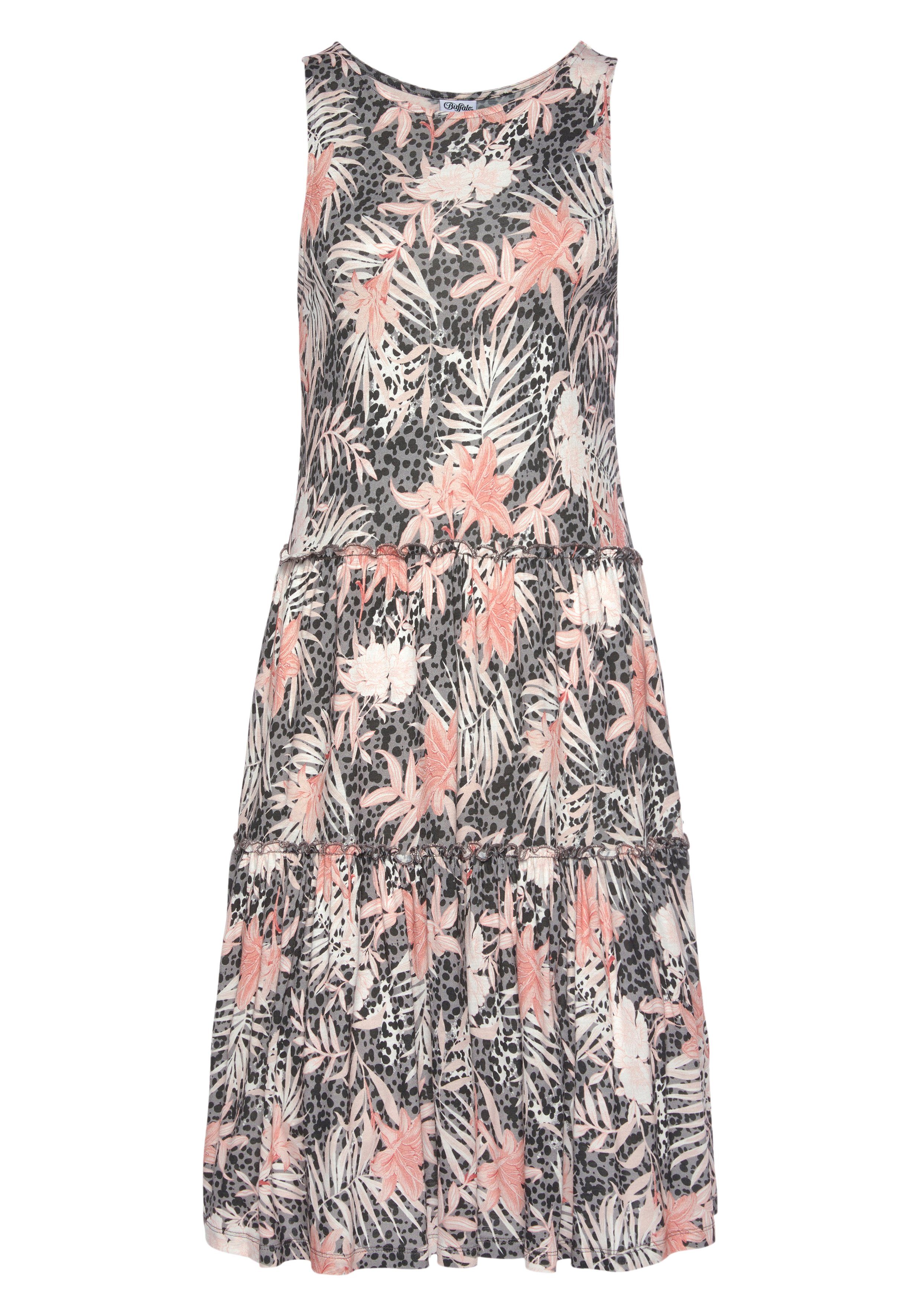 Buffalo Jerseyjurk met all-over print en rok met volants, mini jurk, zomerjurk, strandjurk