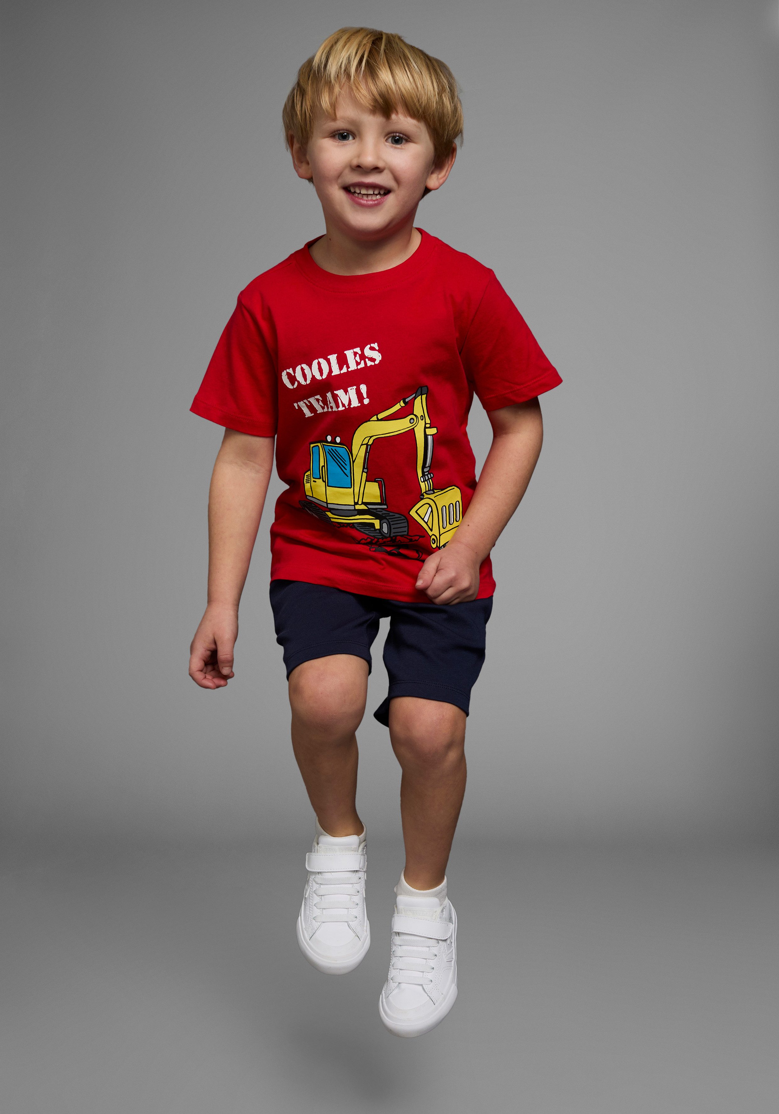 KIDSWORLD T-shirt Met graafmachine-print Korte mouwen, met vrolijke print, met ribboord aan de hals