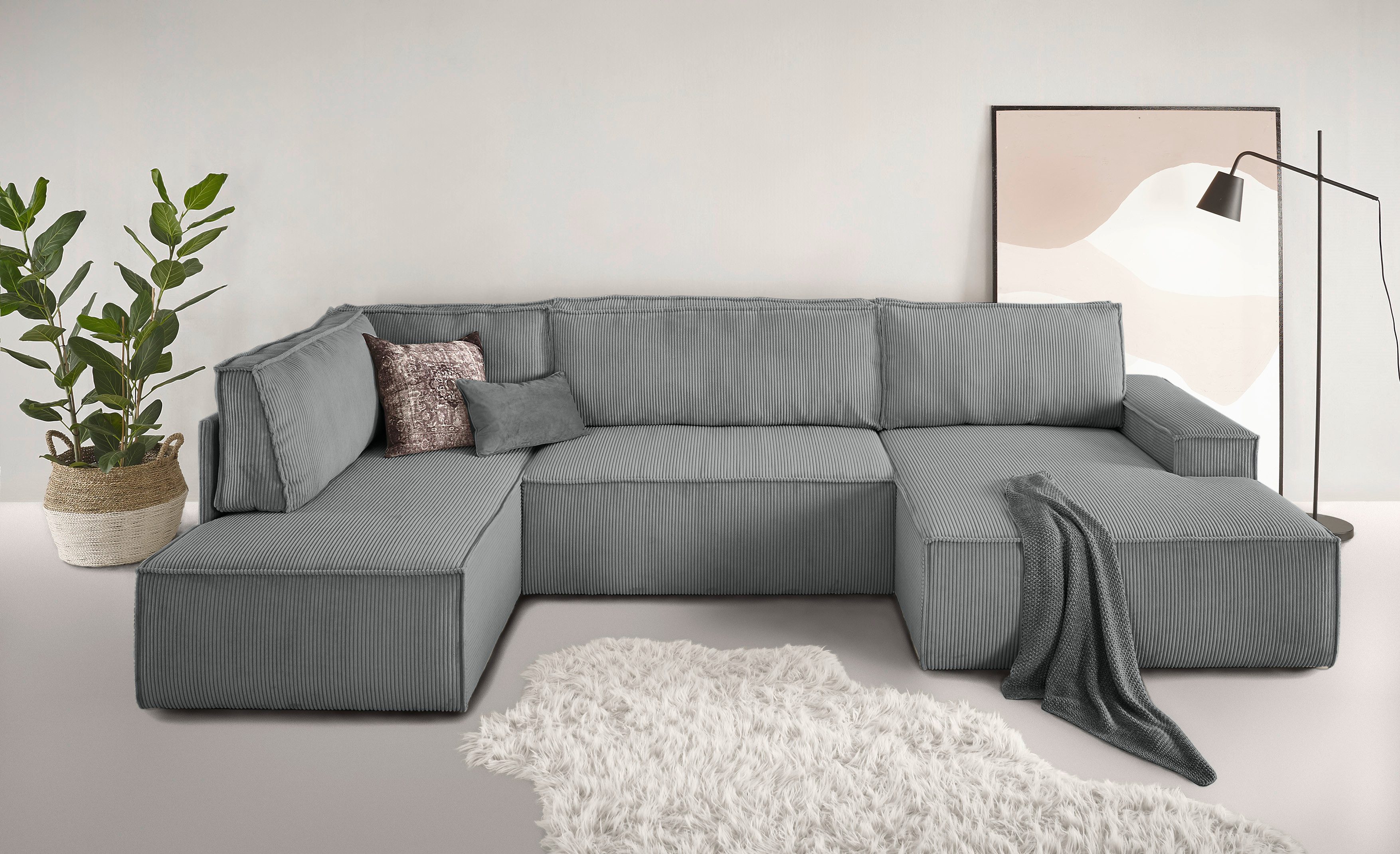 Home affaire Zithoek SHERWOOD 329 cm, U-vorm, slaapbank, Slaapfunctie met bedkist (194x139 cm), cord, vintage, fluweel