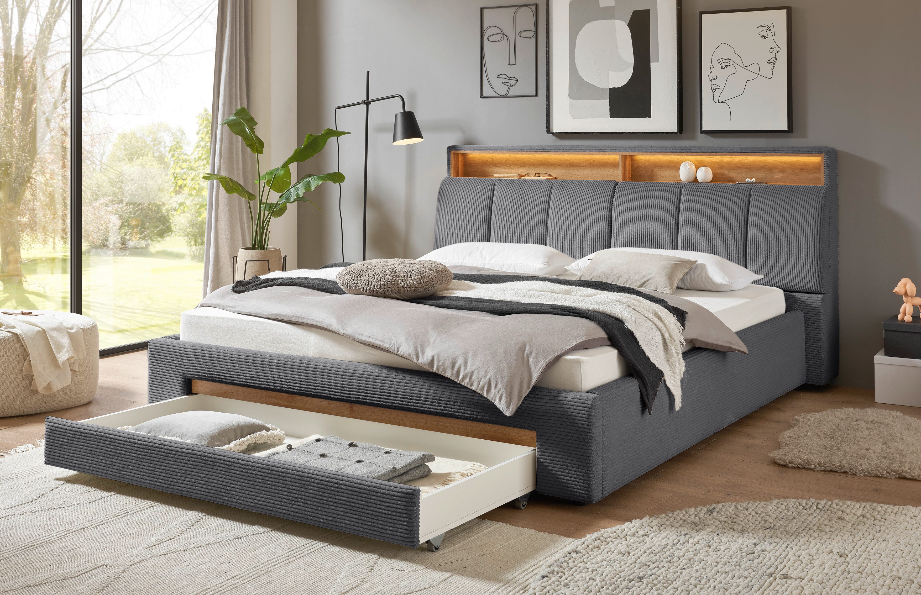 INOSIGN Gestoffeerd bed CiTY/GiRON,, gepolsterd opbergbed, met LED-verlichting Bedkisten met hondenbed of als opbergruimte, opklapbare hoofdeinden