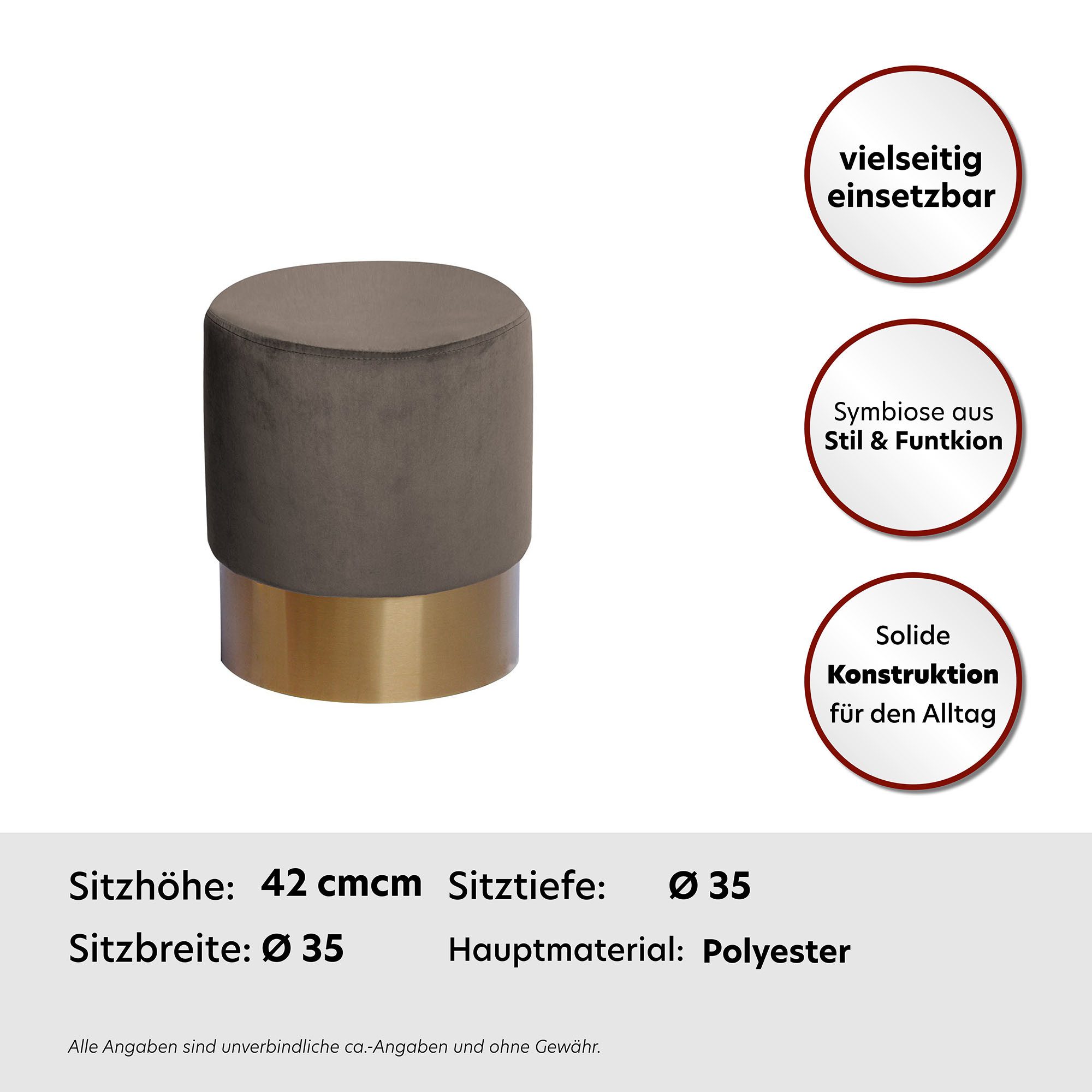 Kayoom Hocker Nano 110, hocker in stijlvol ontwerp, ronde vorm, met metalen voet Goudkleurige accenten, met onderhoudsvriendelijke stofbekleding, ronde vorm (1 stuk)