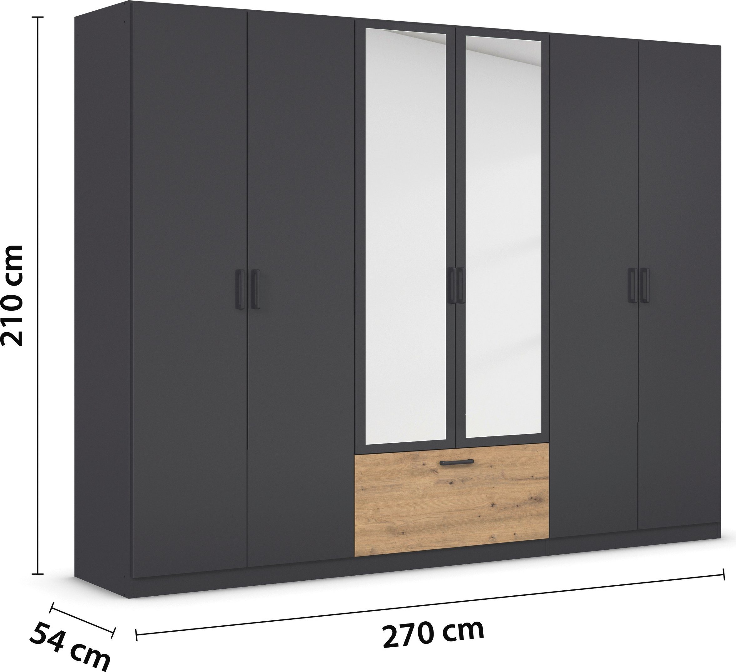 rauch Draaideurkast Kledingkast kast garderobe waskast BARI met spiegel met lades in het midden, moderne greep in grijs metallic made in germany