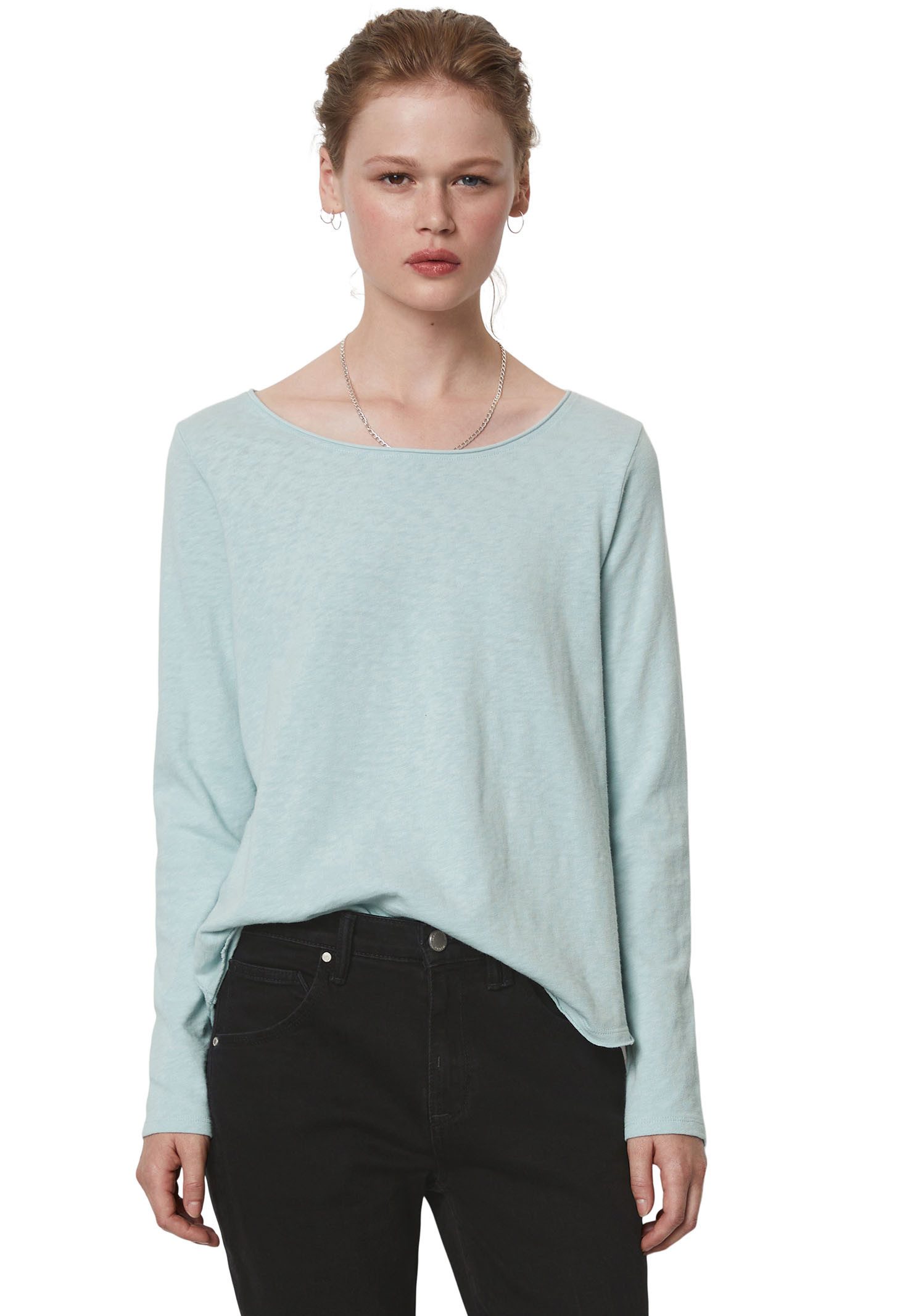 Marc O'Polo DENIM Longsleeve met open snit randen aan de mouwafwerking en zoom