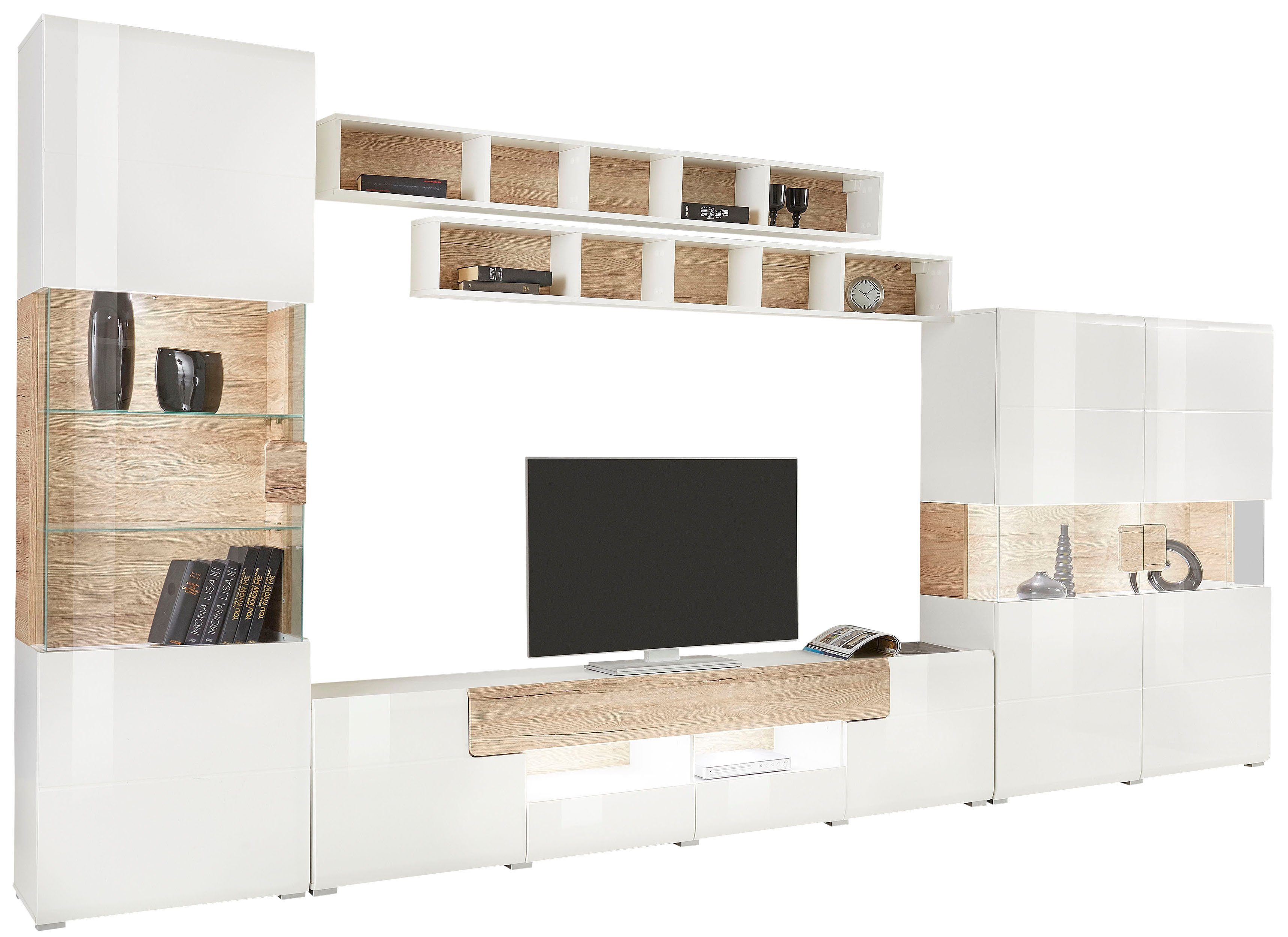 INOSIGN Wandmeubel Toledo, breedte 391cm stijlvolle mediawand zonder verlichting Opbouwwand (vitrine, lowboard, highboard, 2x hangplank) MDF hoogglans fronten (set, 5 stuks)