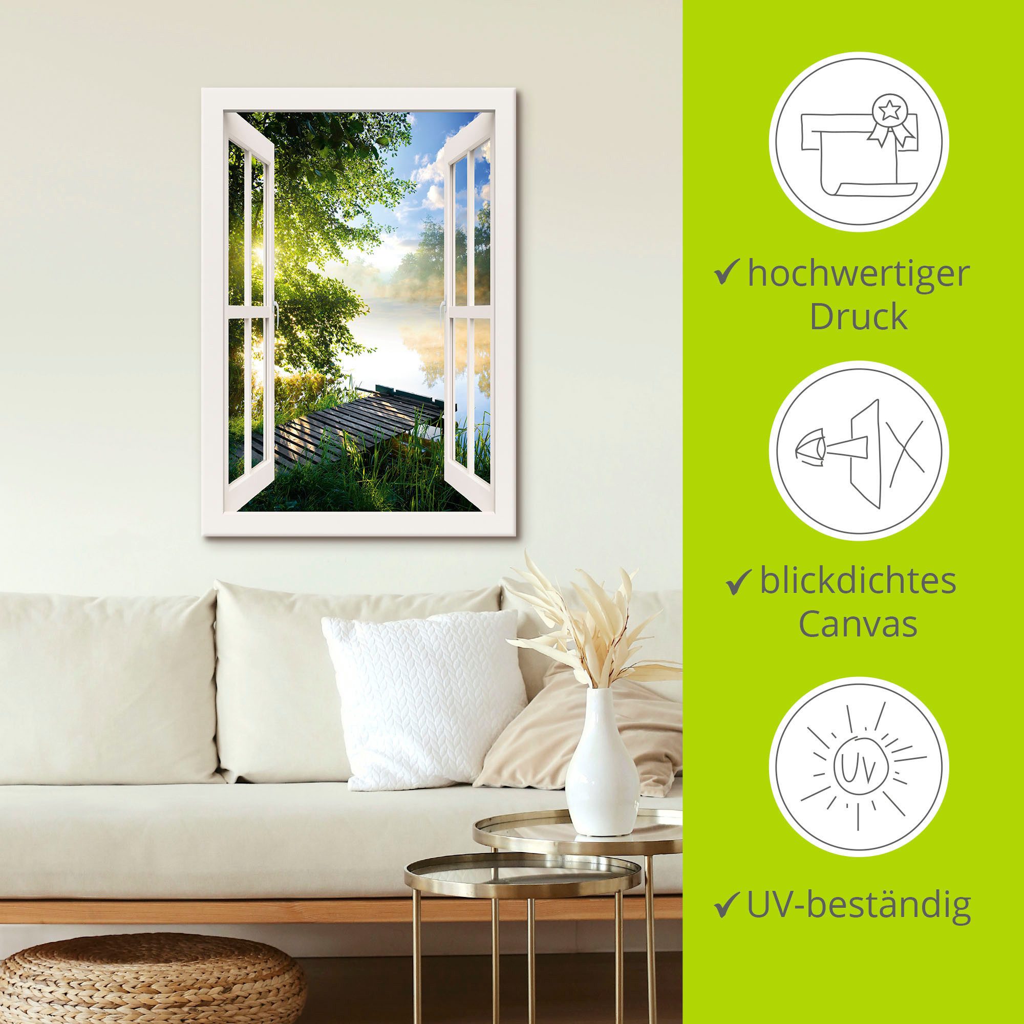 Artland Artprint Blik uit het venster visplek bij de rivier als artprint van aluminium, artprint voor buiten, artprint op linnen, poster, muursticker