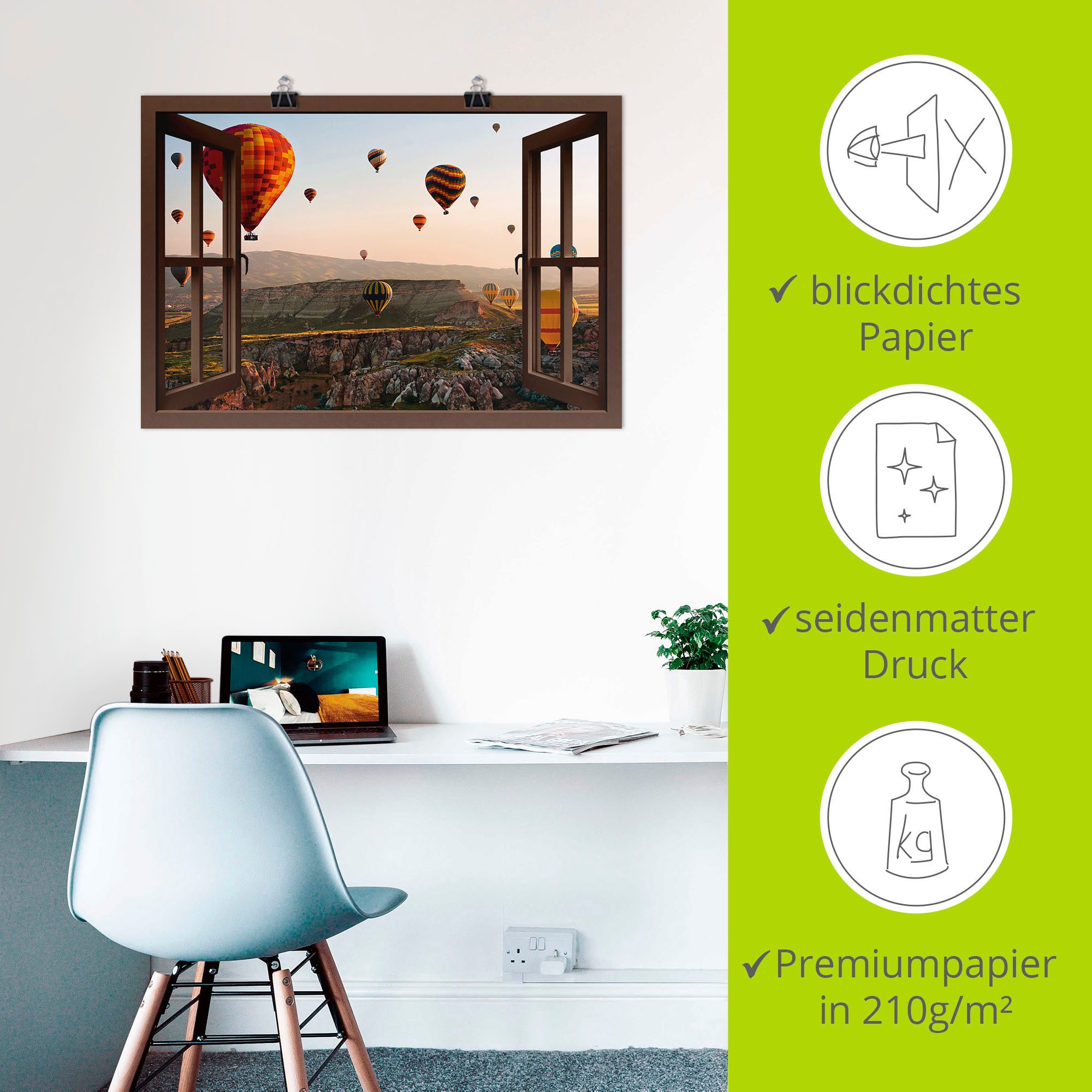 Artland Artprint Blik uit het venster Cappadocië ballonvaart als artprint op linnen, poster, muursticker in verschillende maten