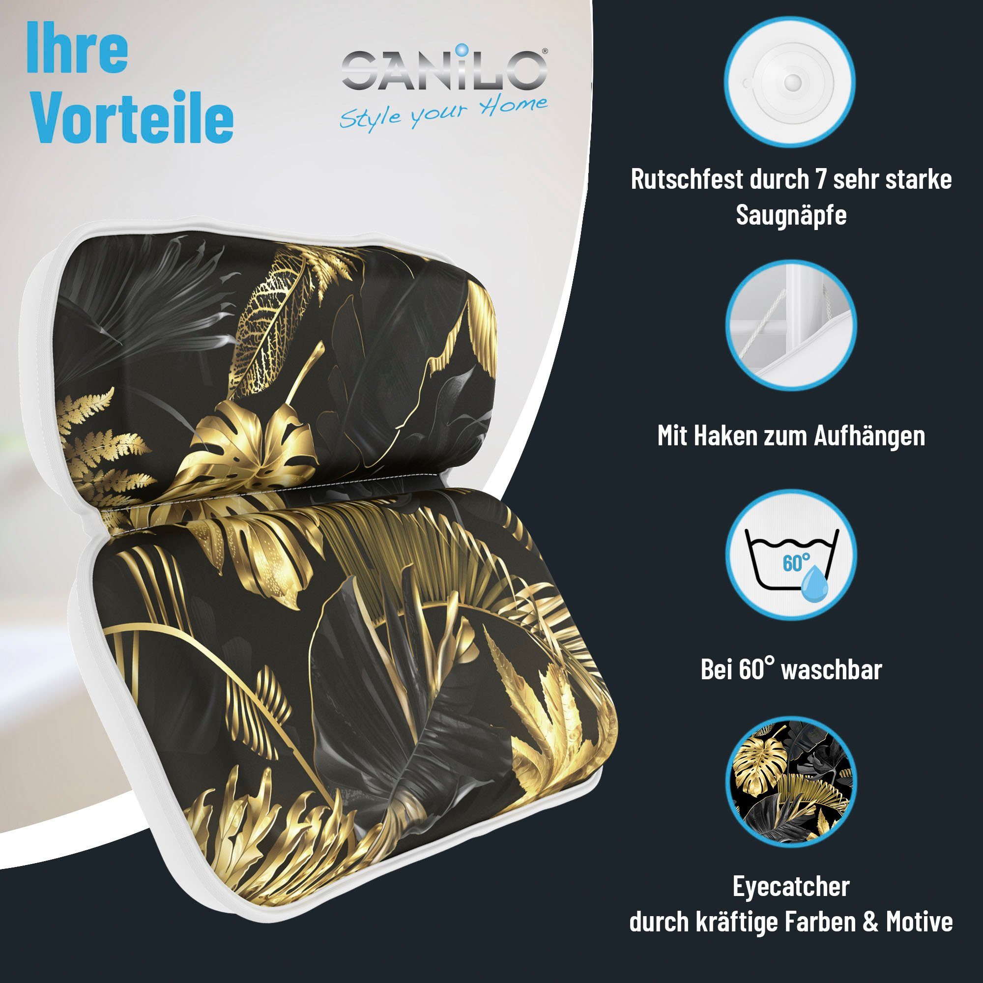 Sanilo Nekkussen Badkussen Golden Leaves comfortabel, antislip, volle kleuren, met 7 prima zuignappen