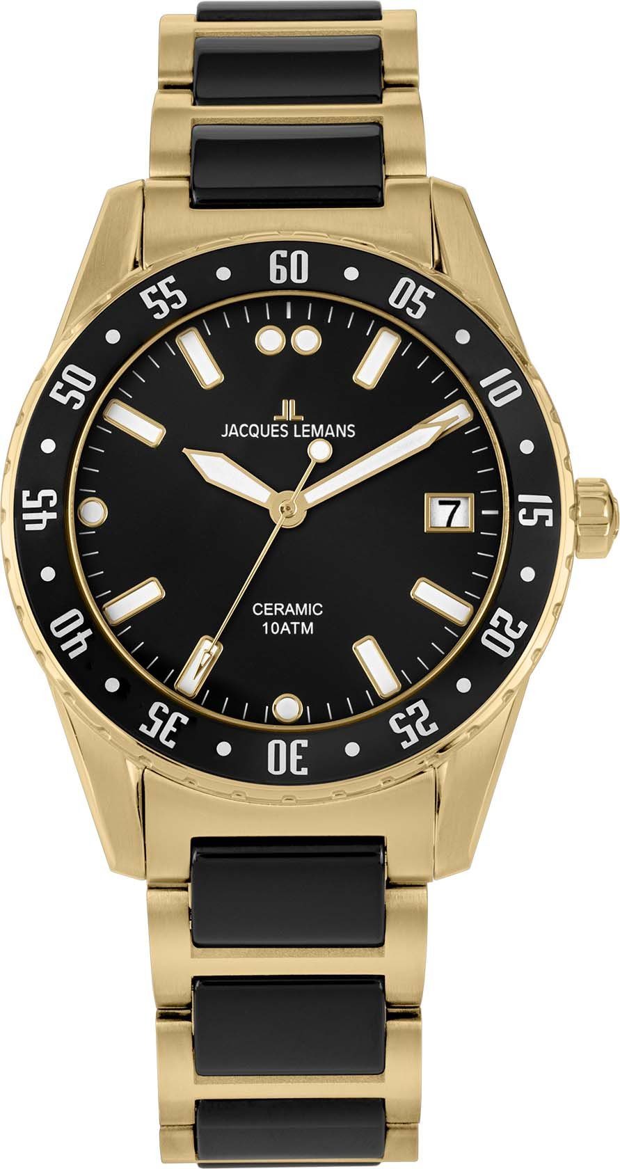 Jacques Lemans Keramisch horloge Liverpool, 42-10G Quartz horloge, armbanduhr, herenhorloge, datum, lichtgevende wijzers, roestvrijstalen band