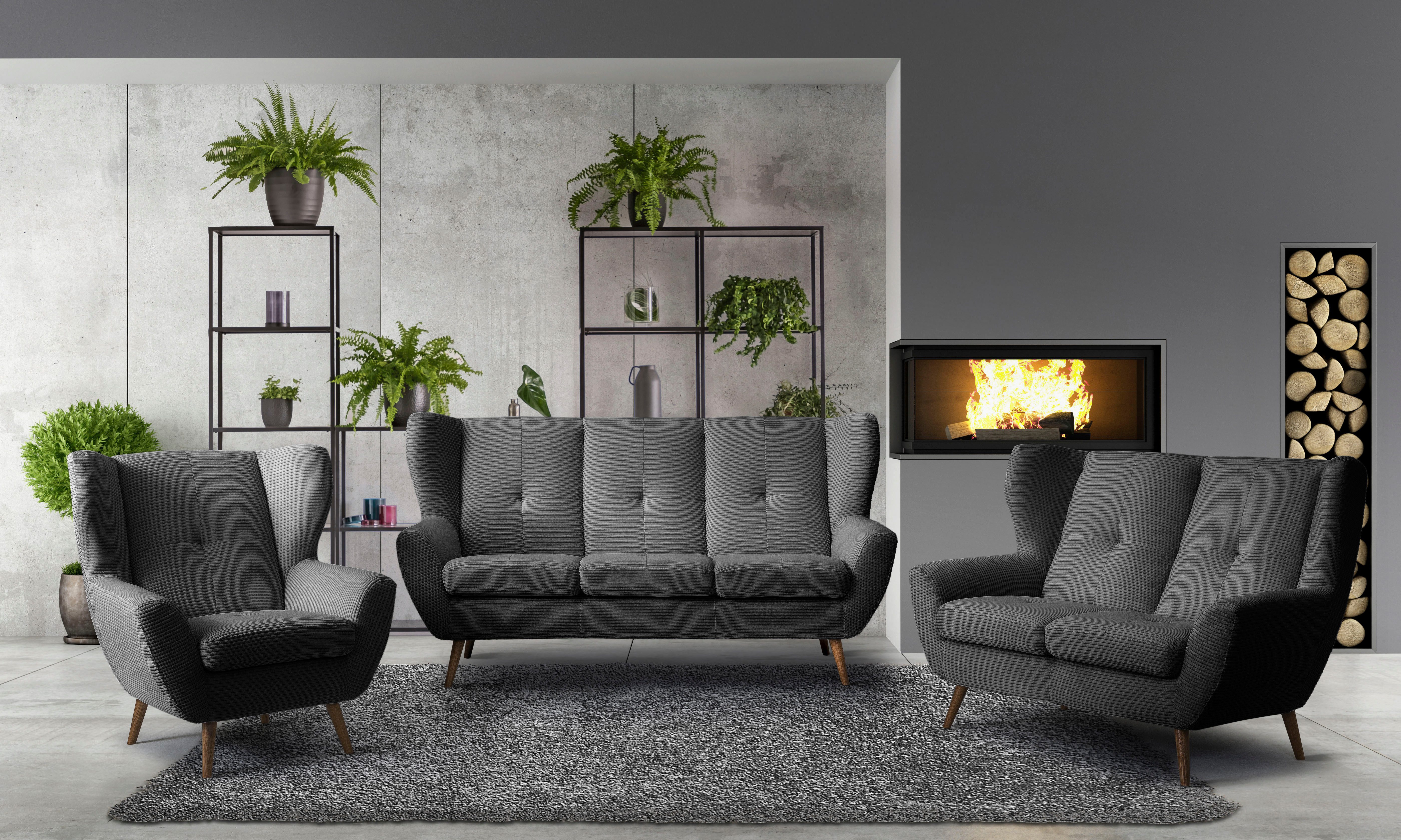 exxpo - sofa fashion 3-zitsbank ALVESTA, loungesofa, keukensofa, hoog zitcomfort, oorbacken sofa gezellige rugleuning, met knoopstiksels en hoge houten voeten, in cord