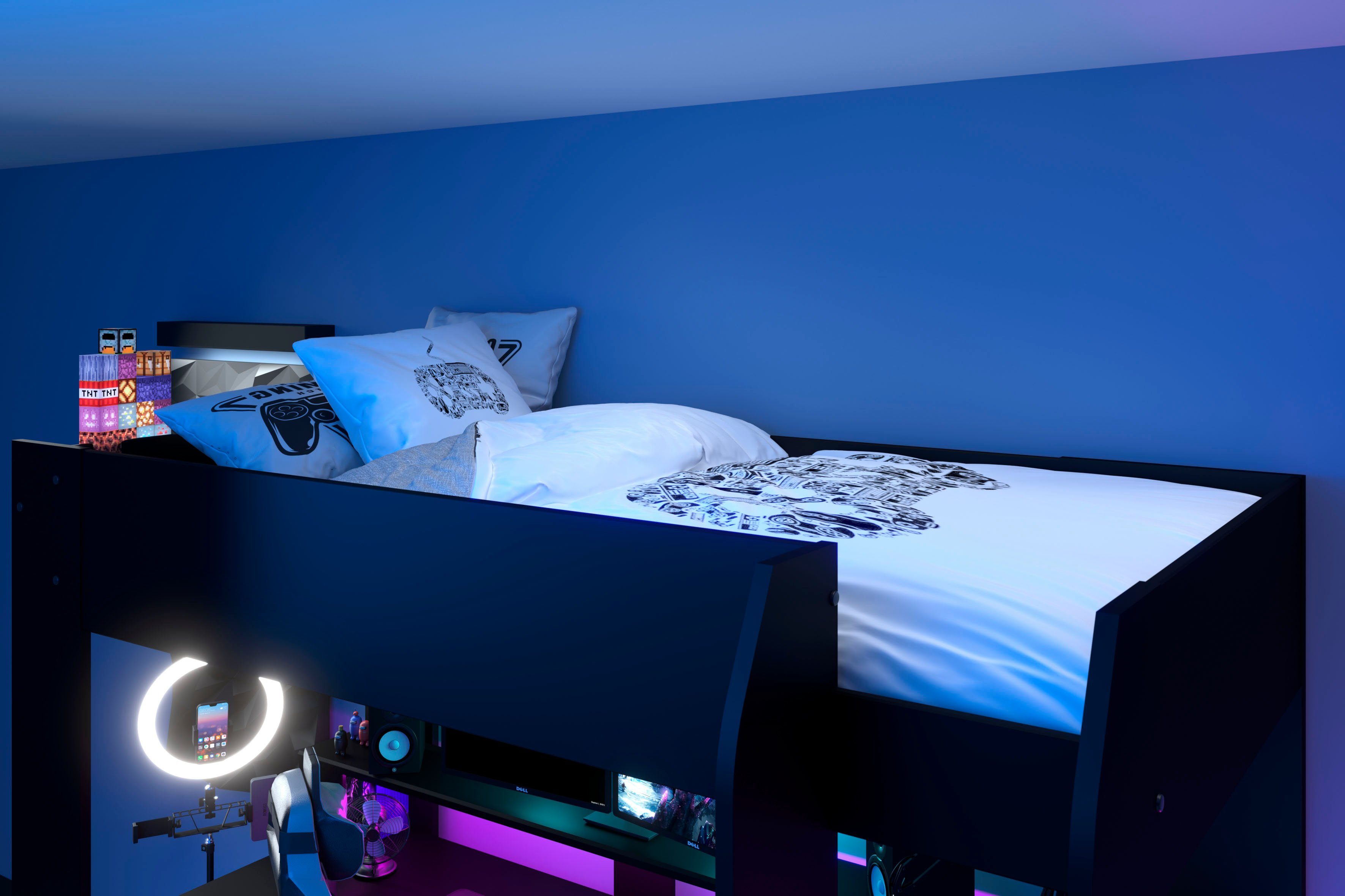 Parisot Hoogslaper Gaming-bed, met bureau, USB-aansluiting, LED, veel opbergruimte