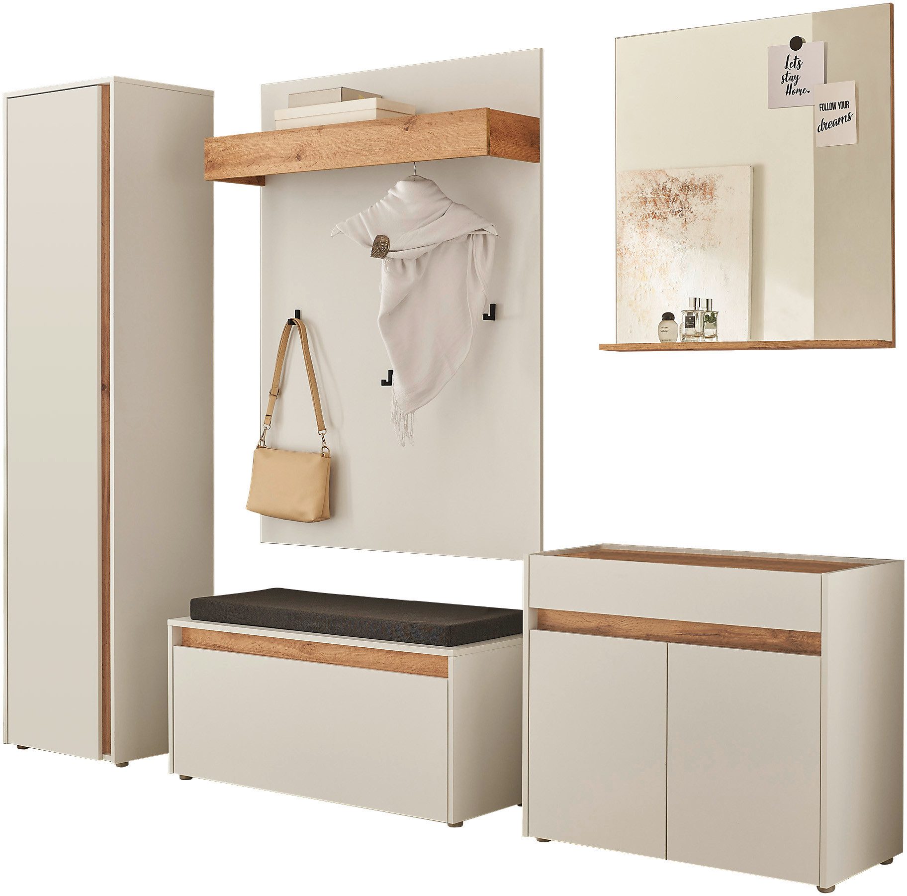 INOSIGN Halmeubelset GIRON/ CiTY, Garderobe in Wotan Eik, moderne garderobekast bevat kast, commode, spiegel, paneel & schoenenbank + zitkussen