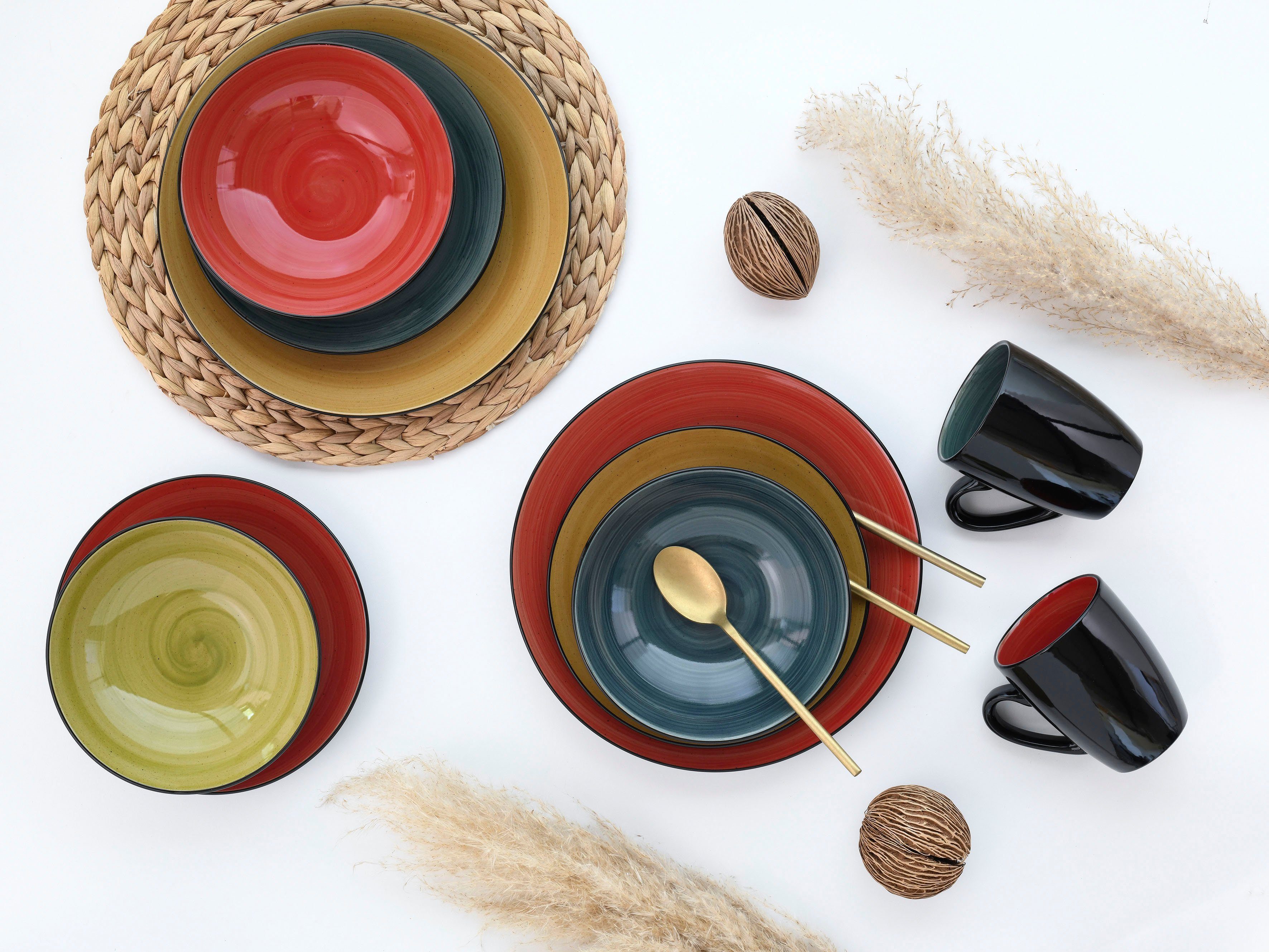 CreaTable Combi-servies Servies-set Samoa Servies, met de hand geschilderde spiraaldecoratie, 16 delen, voor 4 personen (set, 16-delig)