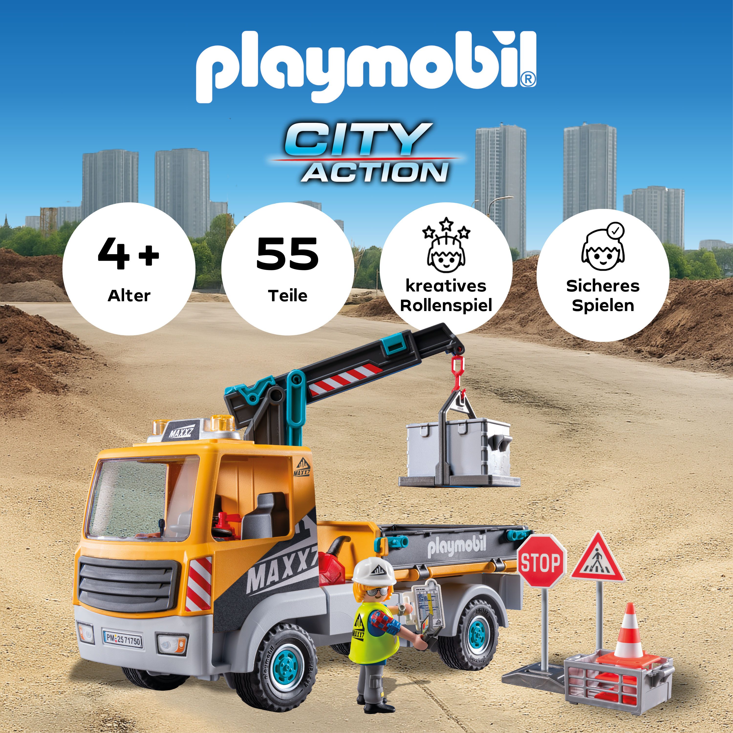 Playmobil® Constructie-speelset Baustellen-LKW mit Kran (71750), Playmobil Action Heroes (55-delig)