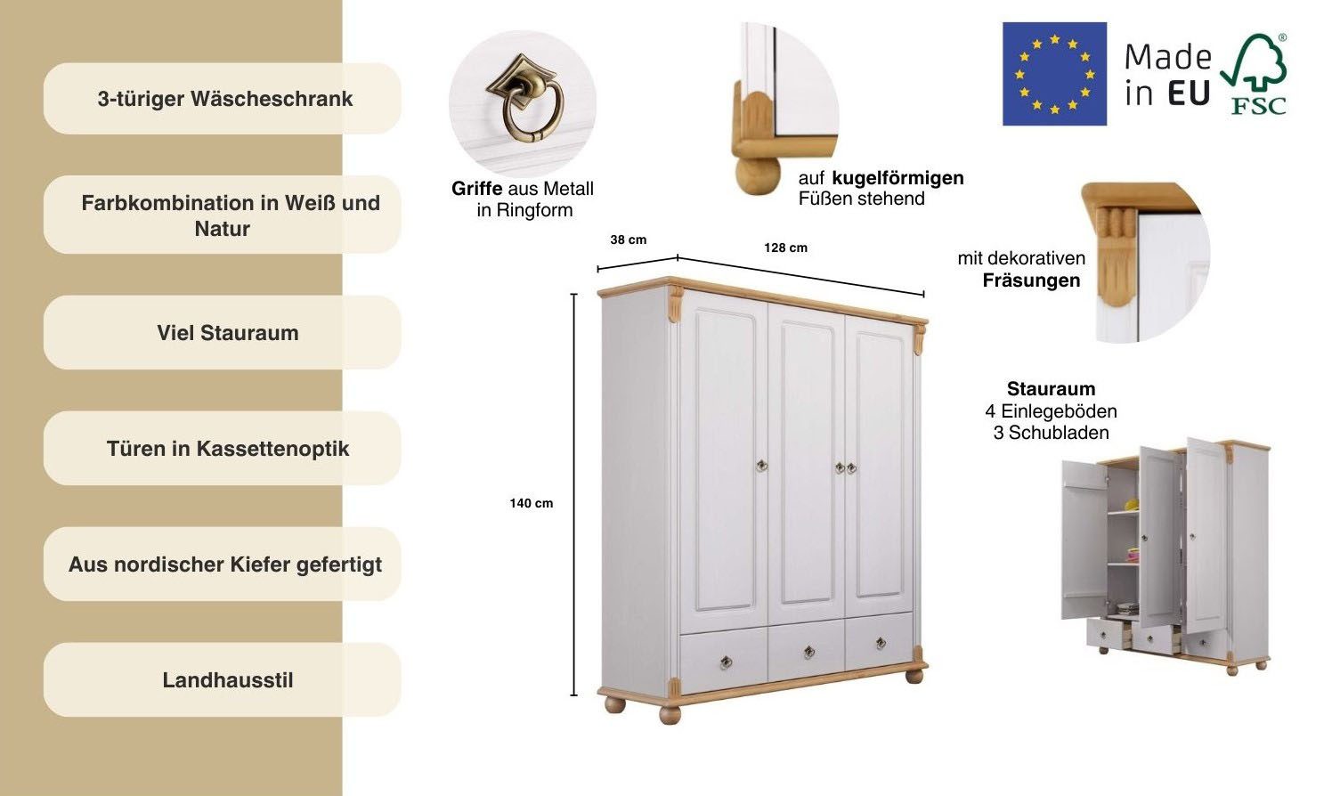 Home affaire Waskast TESSIN van massief dennenhout, in 2 breedtes, veel opbergruimte, fsc-gecertificeerd