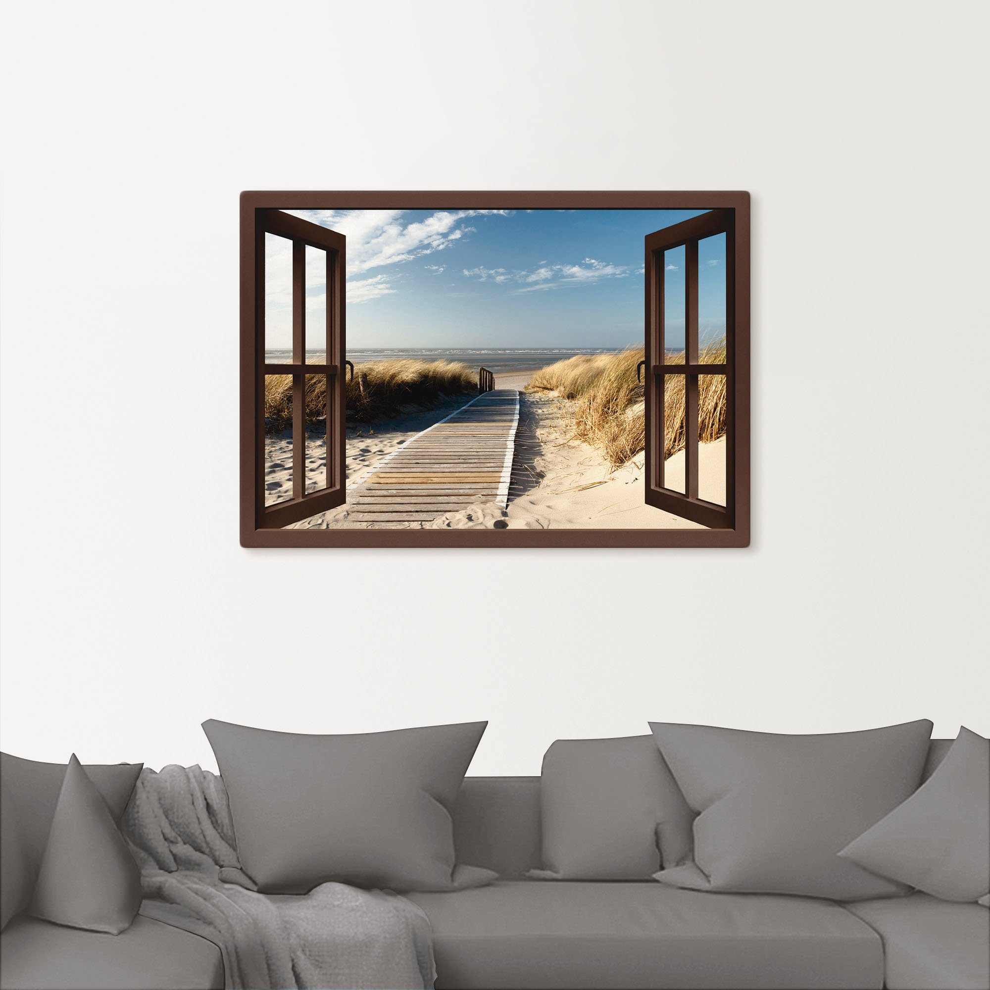 Artland Artprint Blik uit het venster Noordzeestrand op Langeoog als artprint op linnen, poster, muursticker in verschillende maten