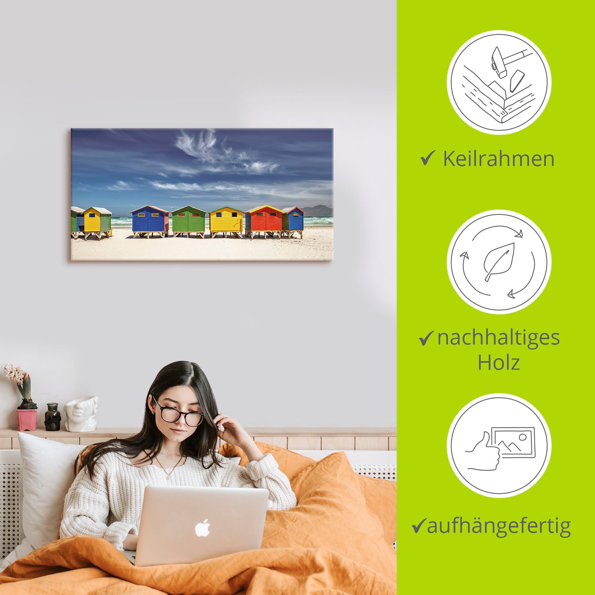 Artland Artprint Veelkleurige strandhuisjes bij Kaapstad als artprint van aluminium, artprint voor buiten, artprint op linnen, poster, muursticker