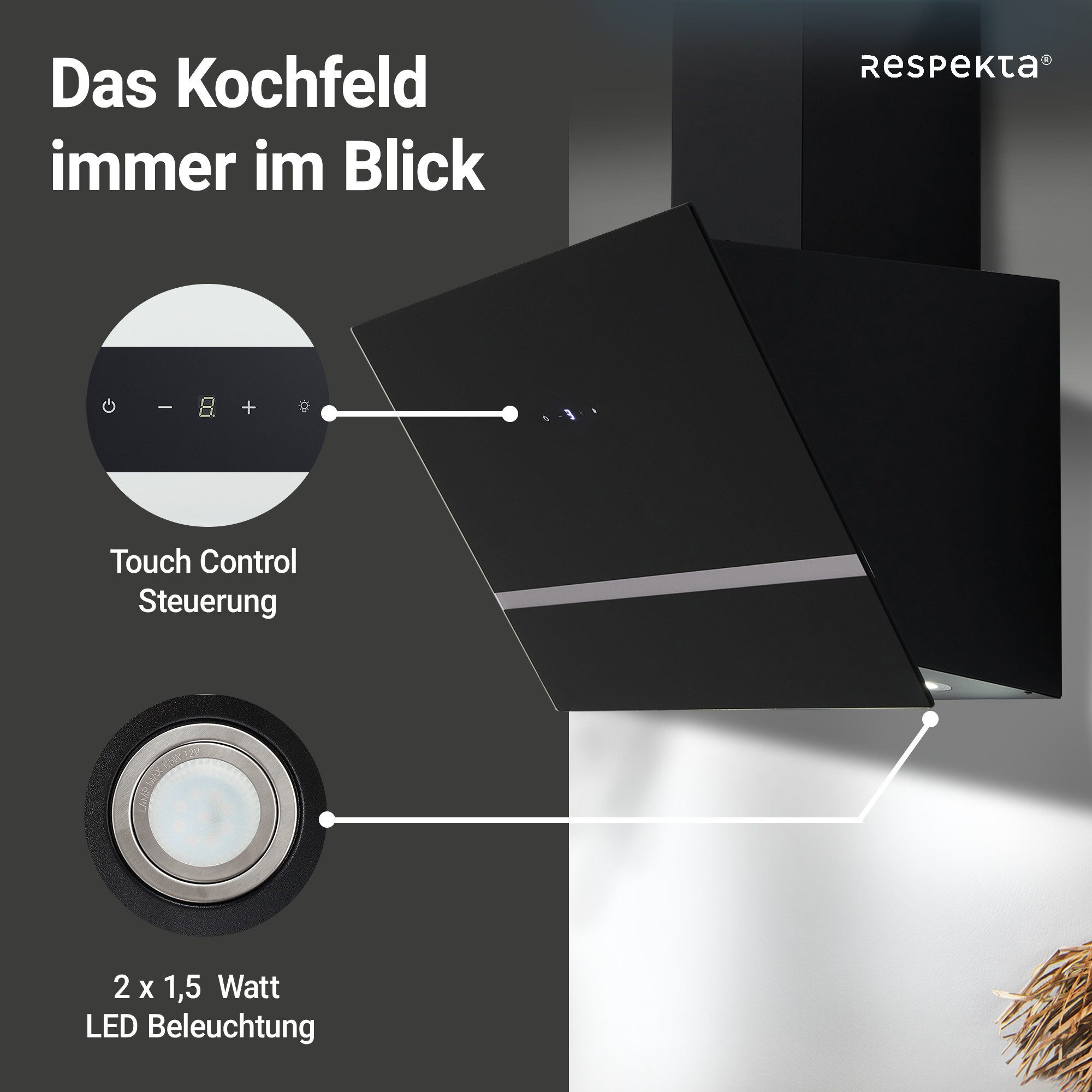 RESPEKTA Wandkap CH 24080 80 cm, 3 vermogensniveaus, led-verlichting, geschikt voor afzuiging en recirculatie