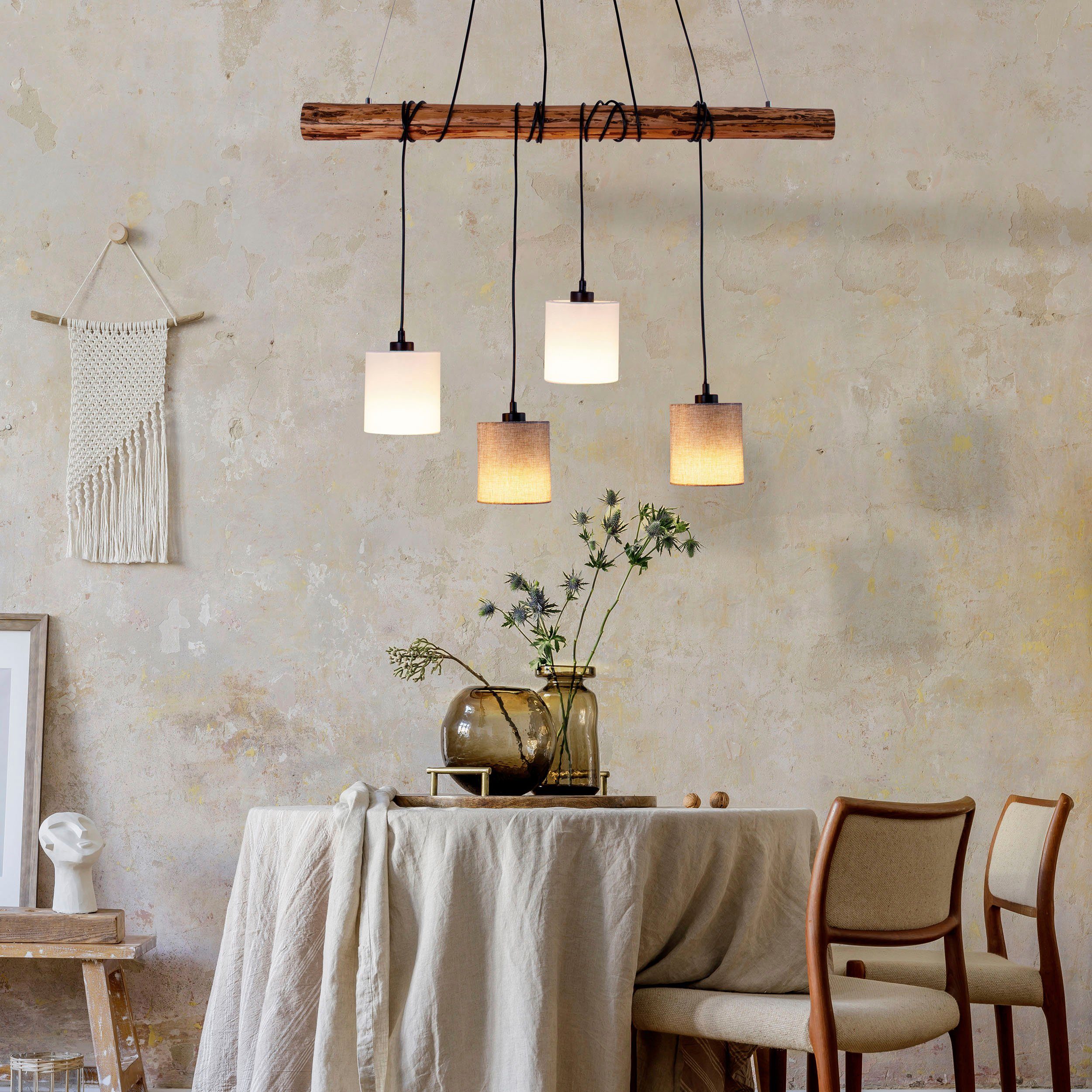 näve Hanglamp Malta Textielschaal wit/natuurgrijs, frame metaal/cederhout, 4x E27 (1 stuk)