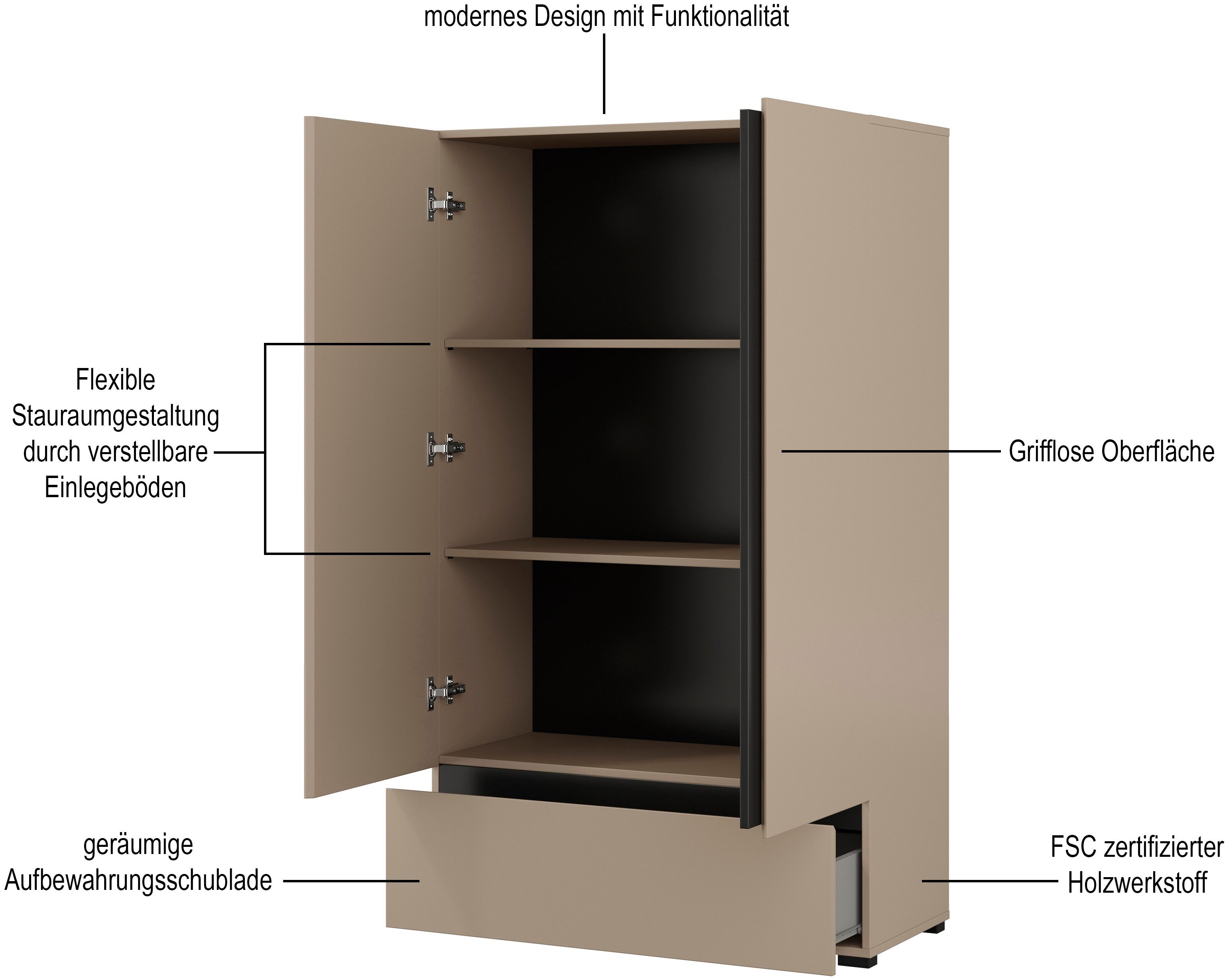 INOSIGN Waskast Cross, moderne greeploze kledingkast Multifunctionele kast, draaideurkast met 1 lade, 3 kleuren beschikbaar