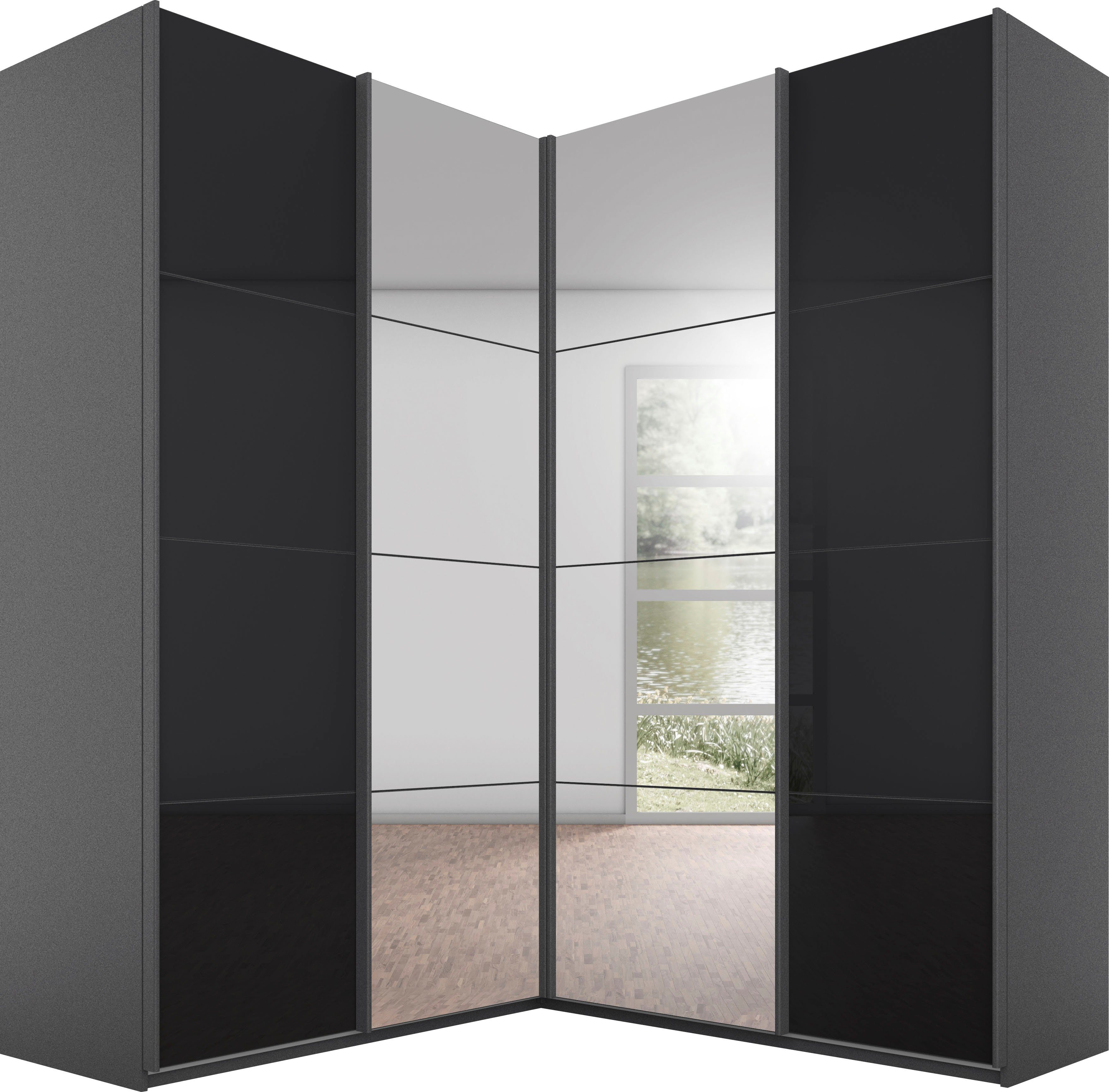 rauch Zweefdeurkast Quadra Hoekkast inclusief deurdemper, met glas-/spiegeldeuren zweefdeurkasten maat 181 cm x 229 cm x 187 cm grijs