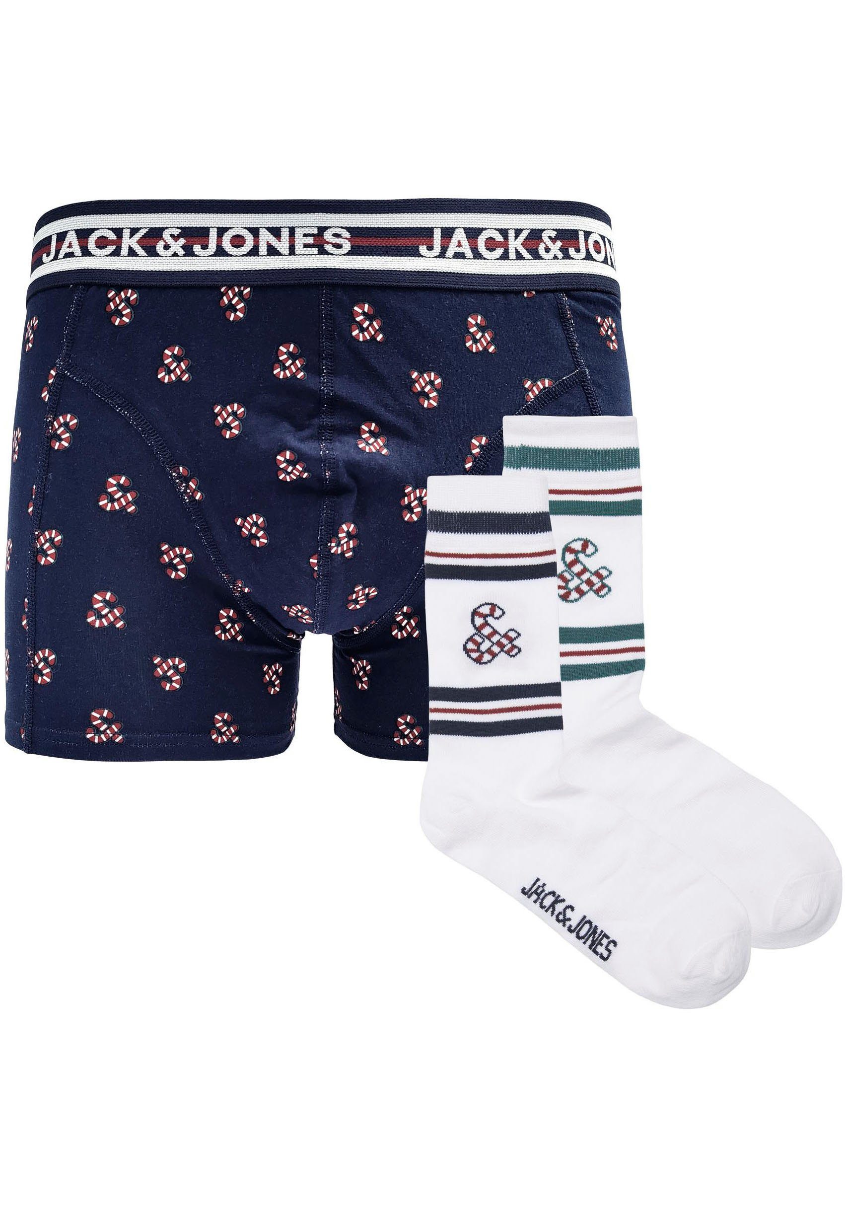 Jack & jones JUNIOR giftbox boxershort + sokken JACXMAS CANDY donkerblauw wit Jongens Stretchkatoen 128