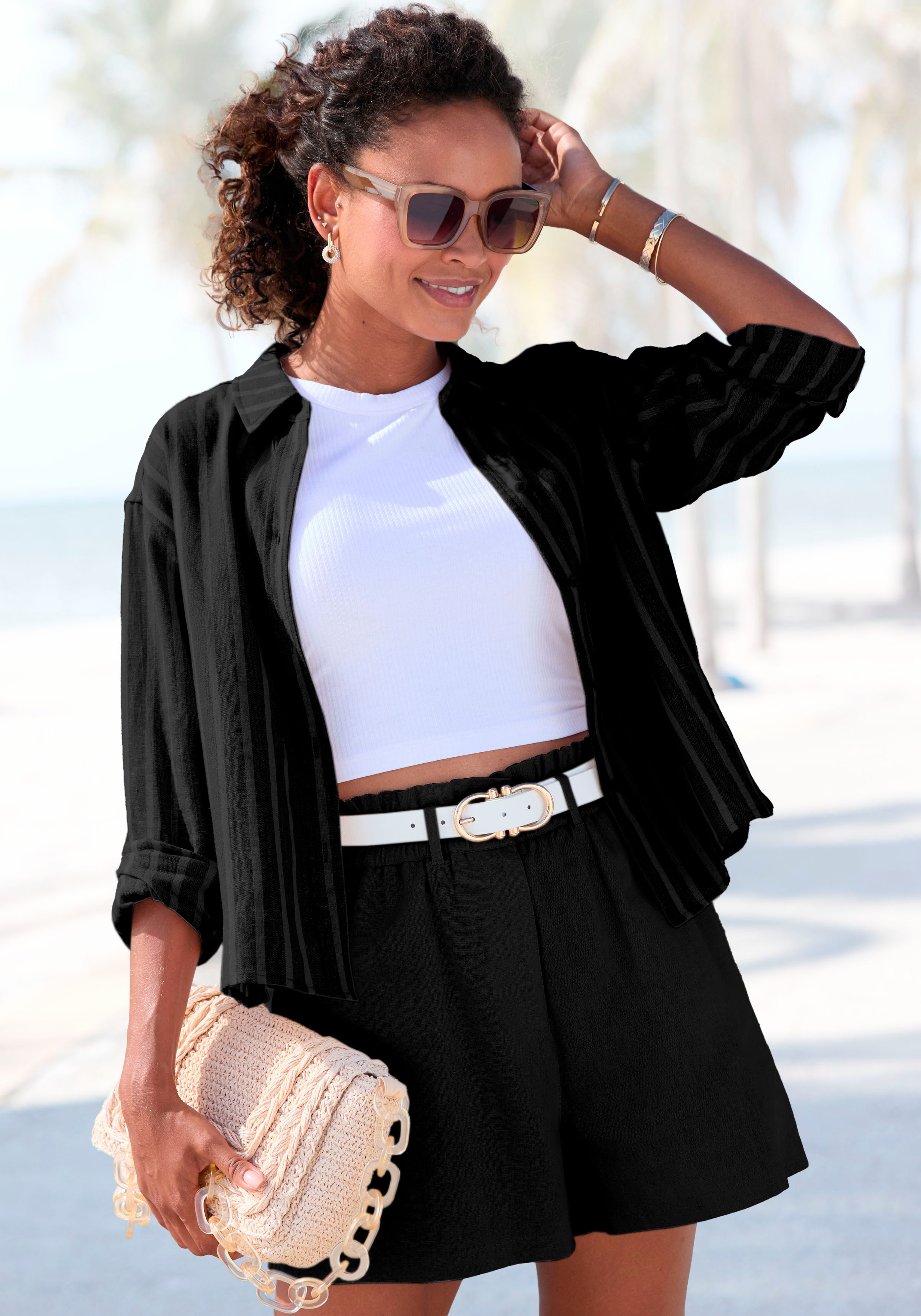 Buffalo Overhemdblouse met linnenpercentage, luchtige lange blouse met overhemdkraag dames dames overhemden maat 44 zwart