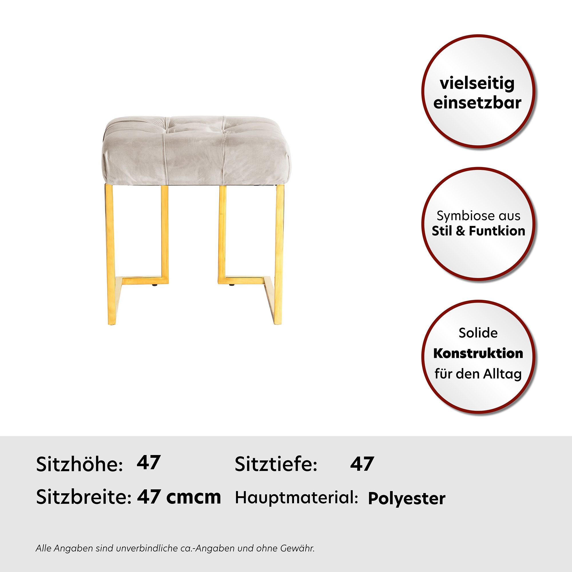 Kayoom Zithocker Kruk Rare, elegante uitstraling door goudkleurige frame hoekig, fluweelzacht, doorgestikt, met sierknopen, edelstalen frame (1 stuk)
