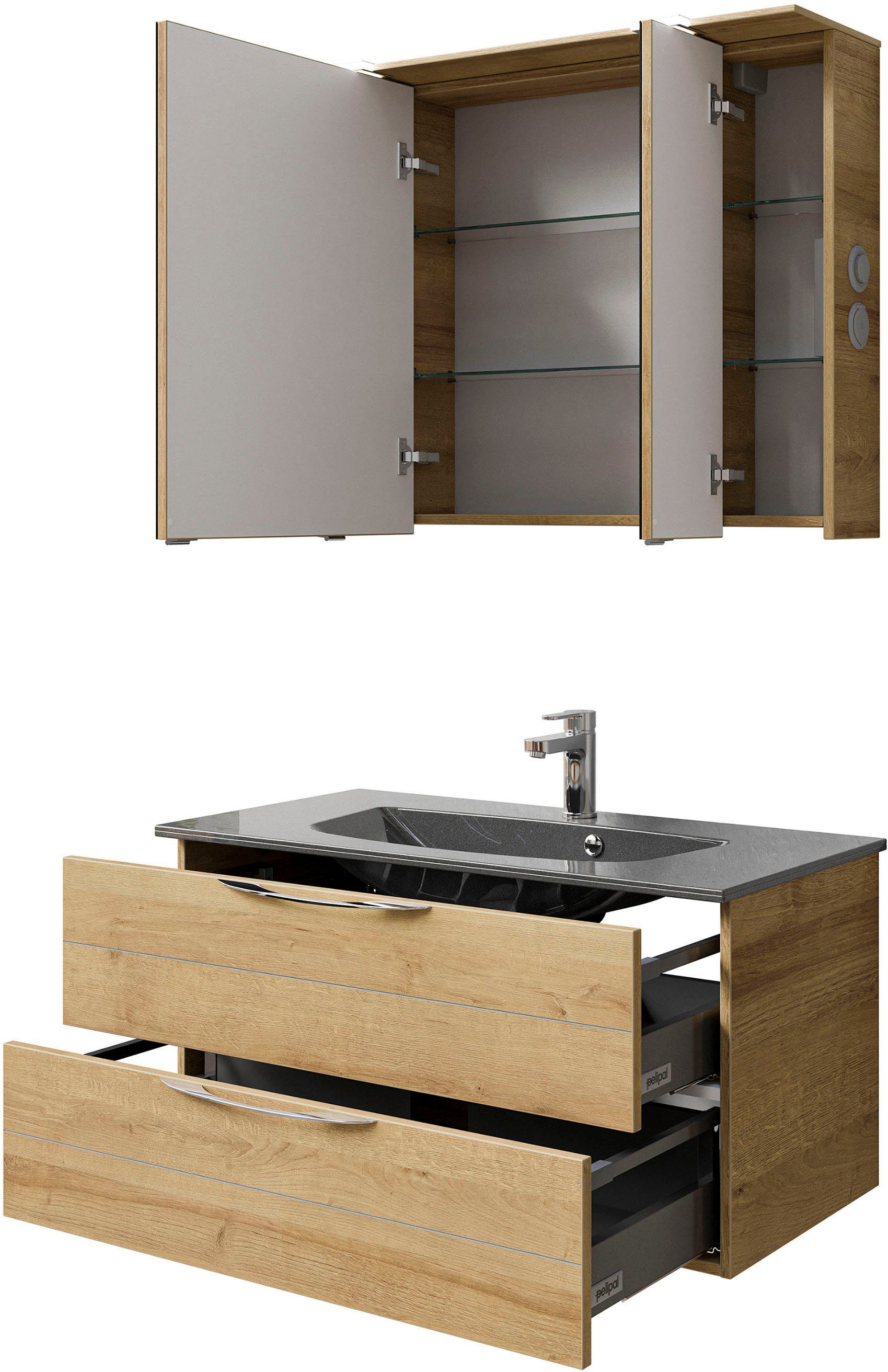 Saphir Badkamerserie Serie 6025 2-delig, mineraalmarmeren wastafel met led-spiegelkast Wastafelmeubel 97 cm breed, 2 laden, 3 spiegeldeuren, incl. deurdemper (2-delig)