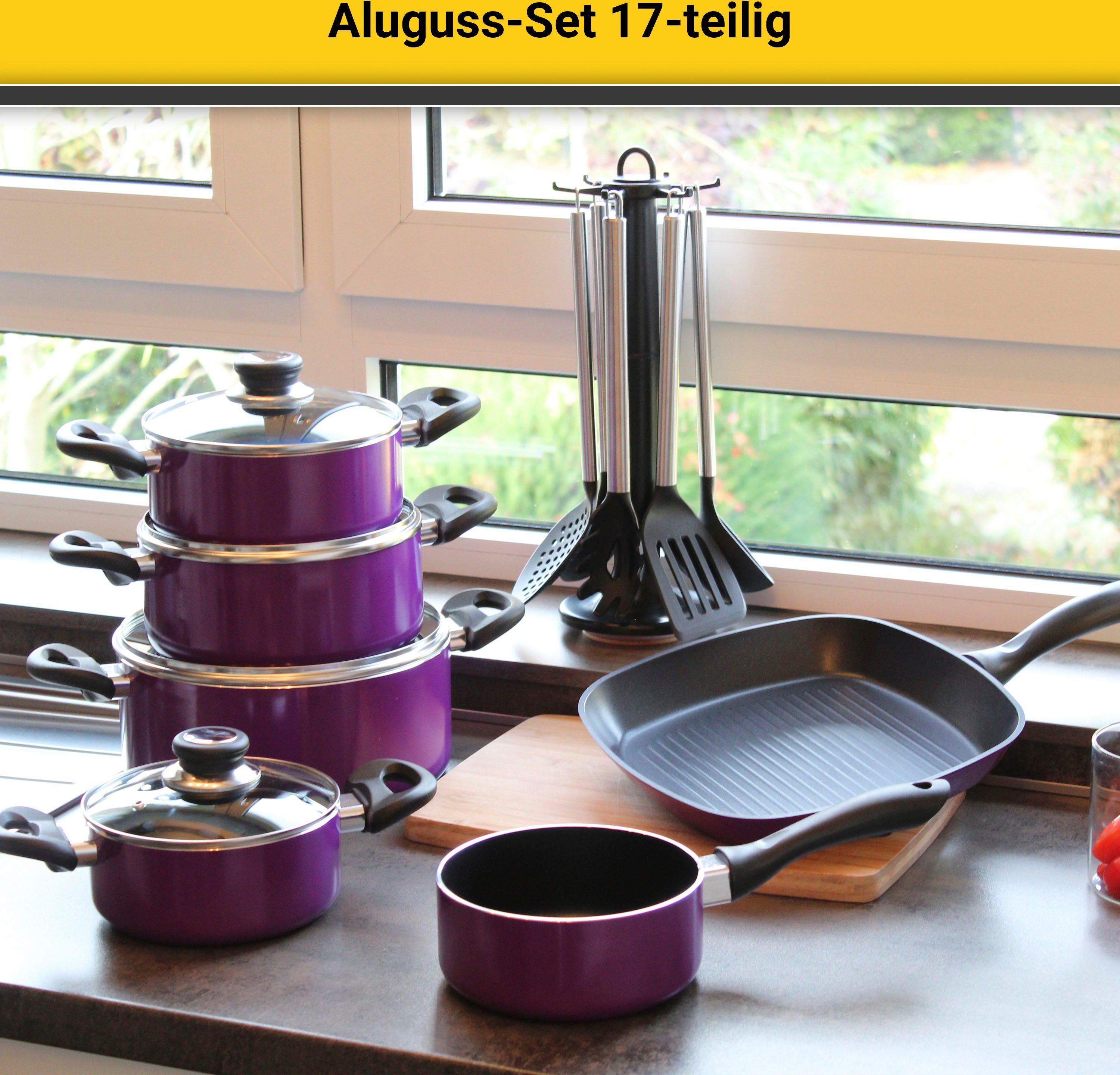 Krüger Pannenset Aluminium pot- en pan-set inclusief praktische keukenhulpmiddelen, 17-delig. (set)