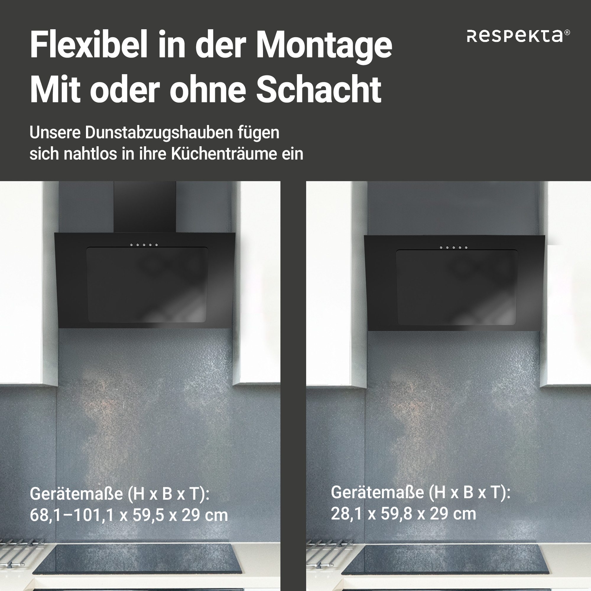 RESPEKTA Schuine wandkap CH 33060 60 cm, 3 vermogensniveaus, led-verlichting, geschikt voor afzuiging en recirculatie