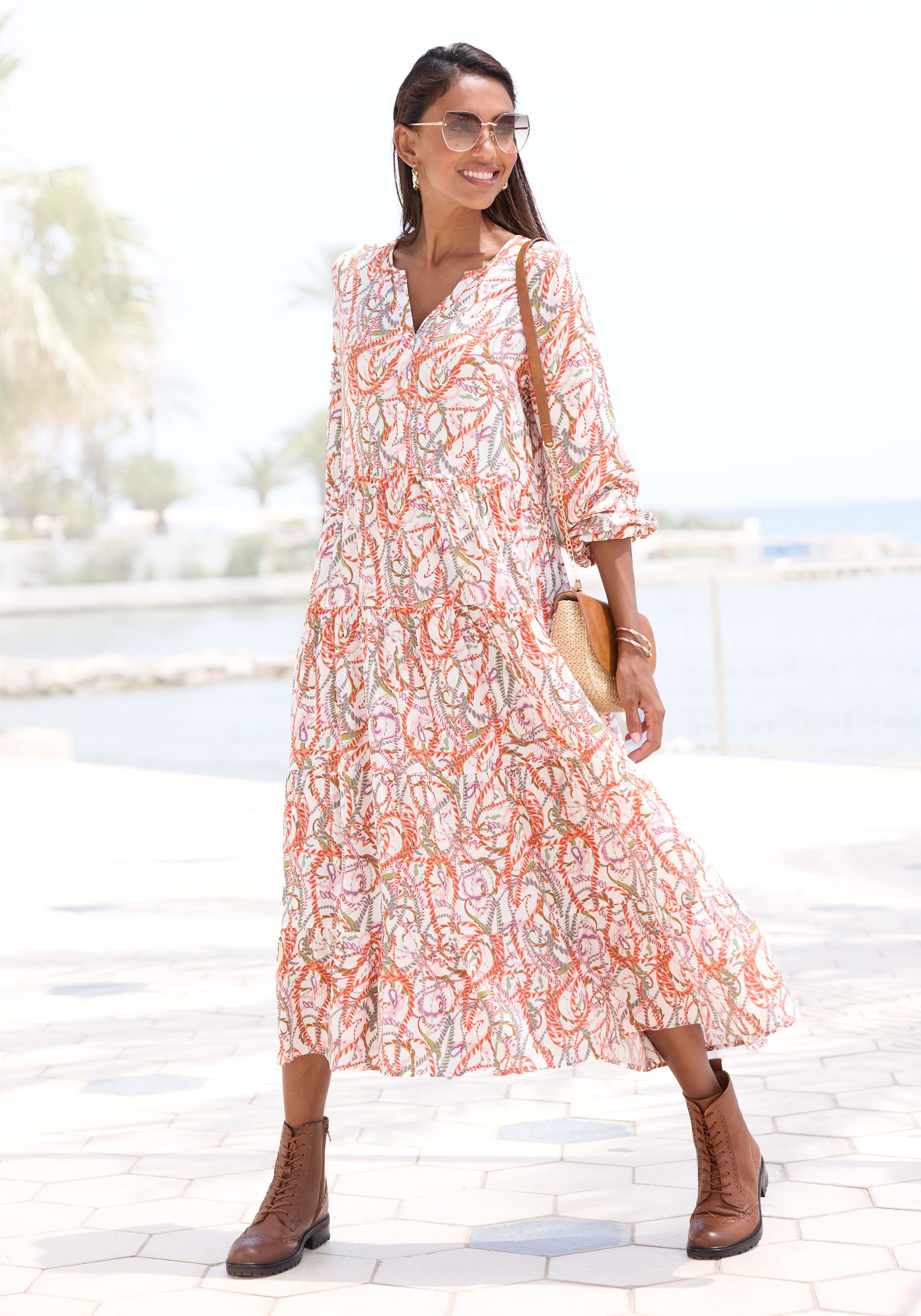 Lascana Maxi-jurk met all-over print en volants, lange mouwen, jurk met print, casual-chic