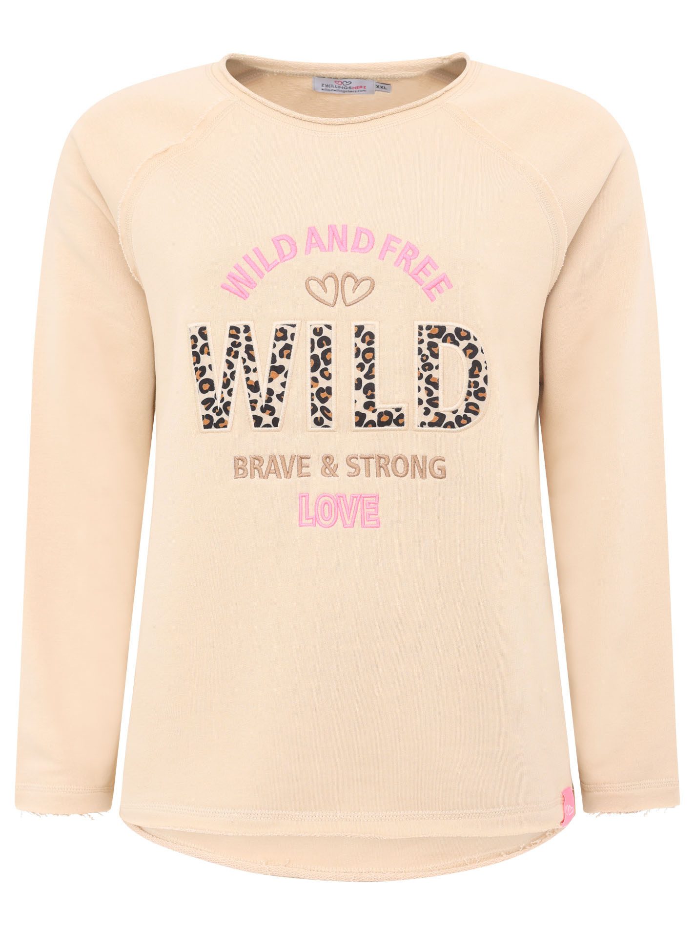 Zwillingsherz Sweater Wild and Free met used-look randen, leo-details en borduursel