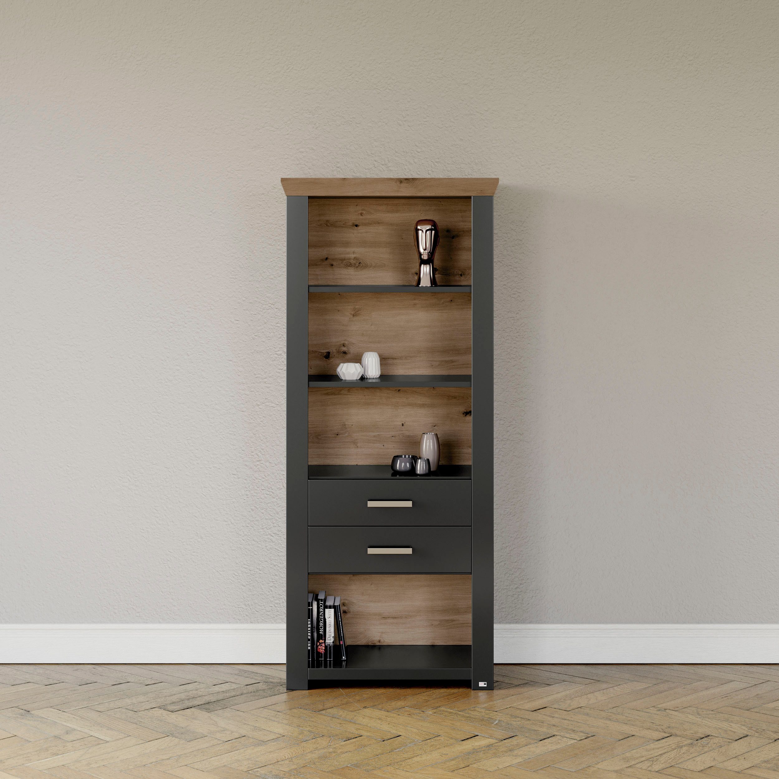 set one by Musterring Rek York Type 11, met 2 laden, verlichting optioneel, B 75 x H 175 cm rekken grijs