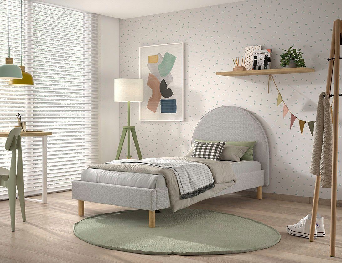 Vipack Gestoffeerd bed Moon, met fluffy bouclé stof in verschillende kleuren 2 breedtes (90 of 140 cm), lattenbodem, bouclé stof, naar keuze 4 kleuren