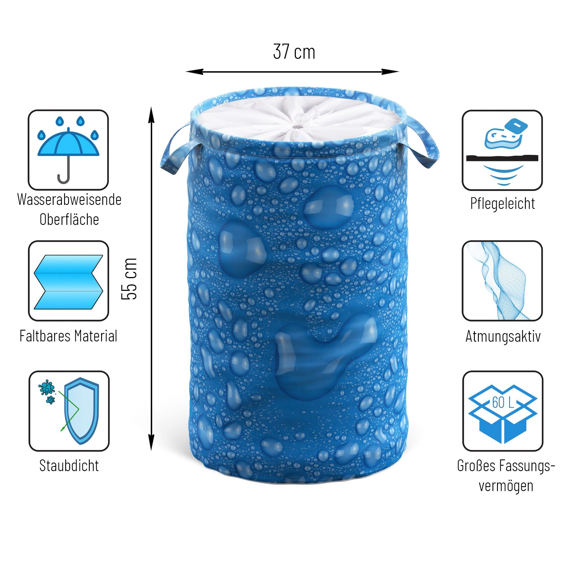 Sanilo Wasmand Dauwdruppel blauw 60 liter, opvouwbaar, met bescherming tegen inkijk
