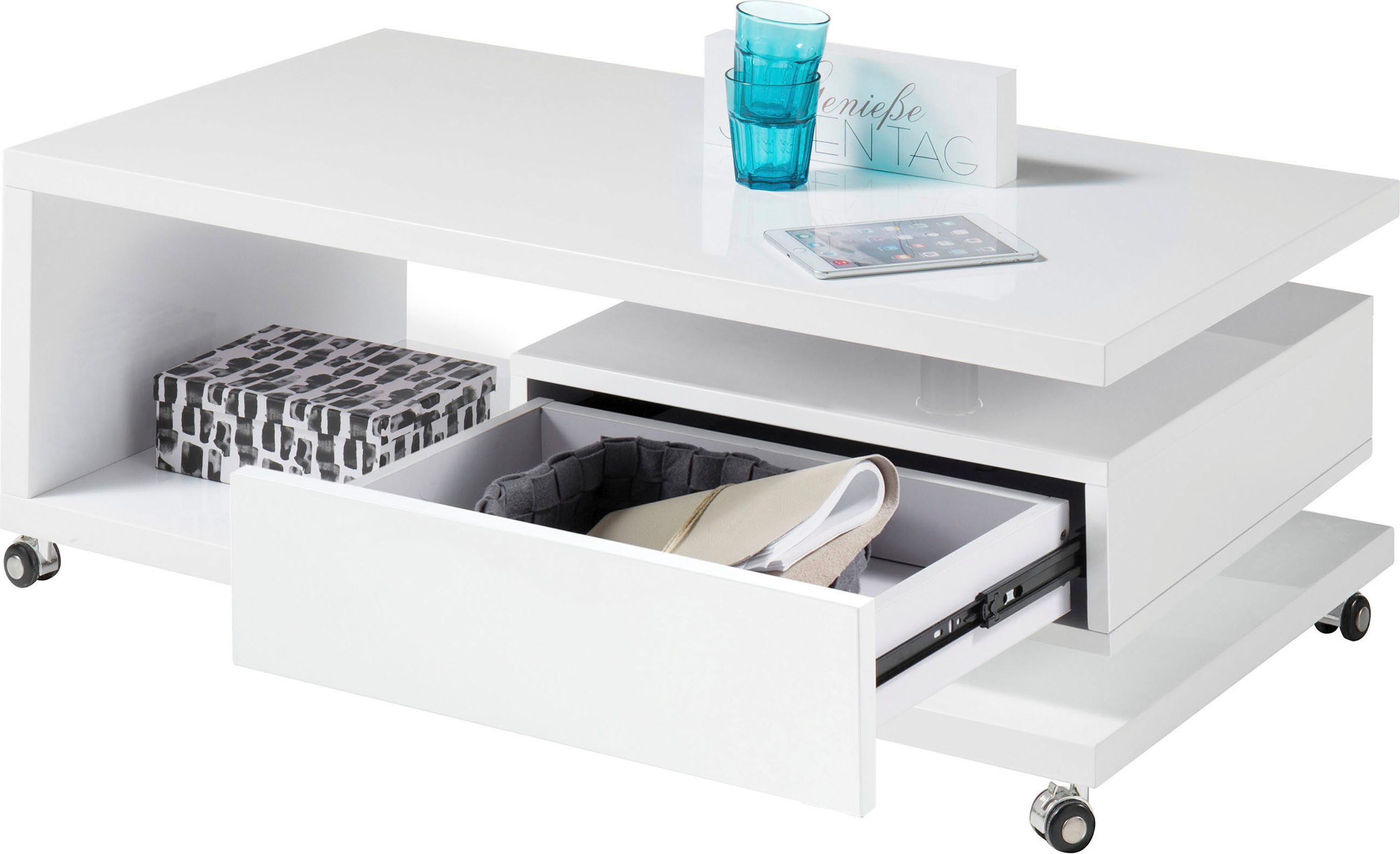 Stolkom Salontafel Milan, TOPSELLER! rollend, tafel in wit hoogglans
