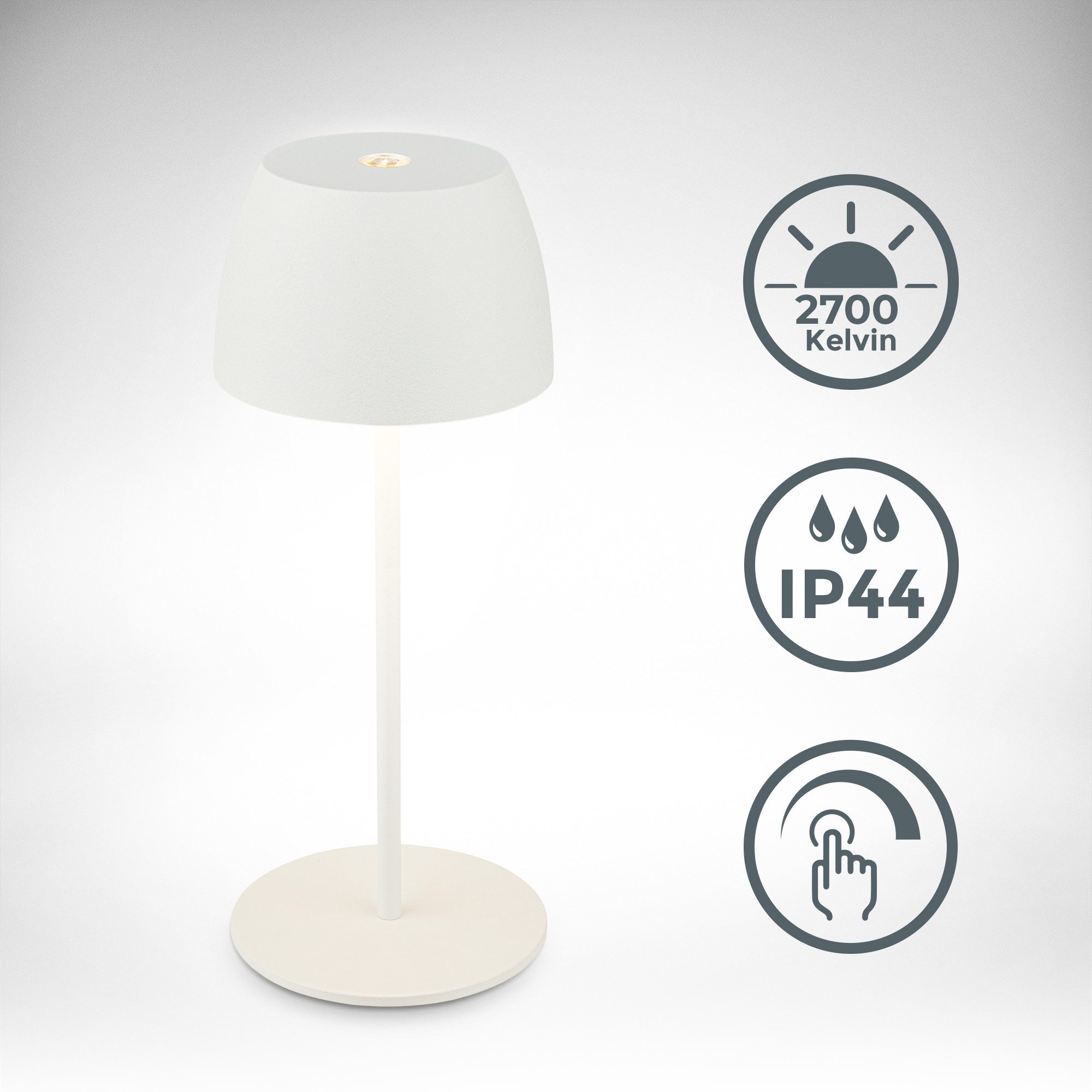 B.K.Licht Tafellamp voor buiten BK_TL1605 Mini Accu LED tafellamp, touchdimmer, met USB-C 2.700 k, 150 lm, 2,5w, ip44, verwisselbare accu, 4h-24h brandduur, wit (1 stuk)