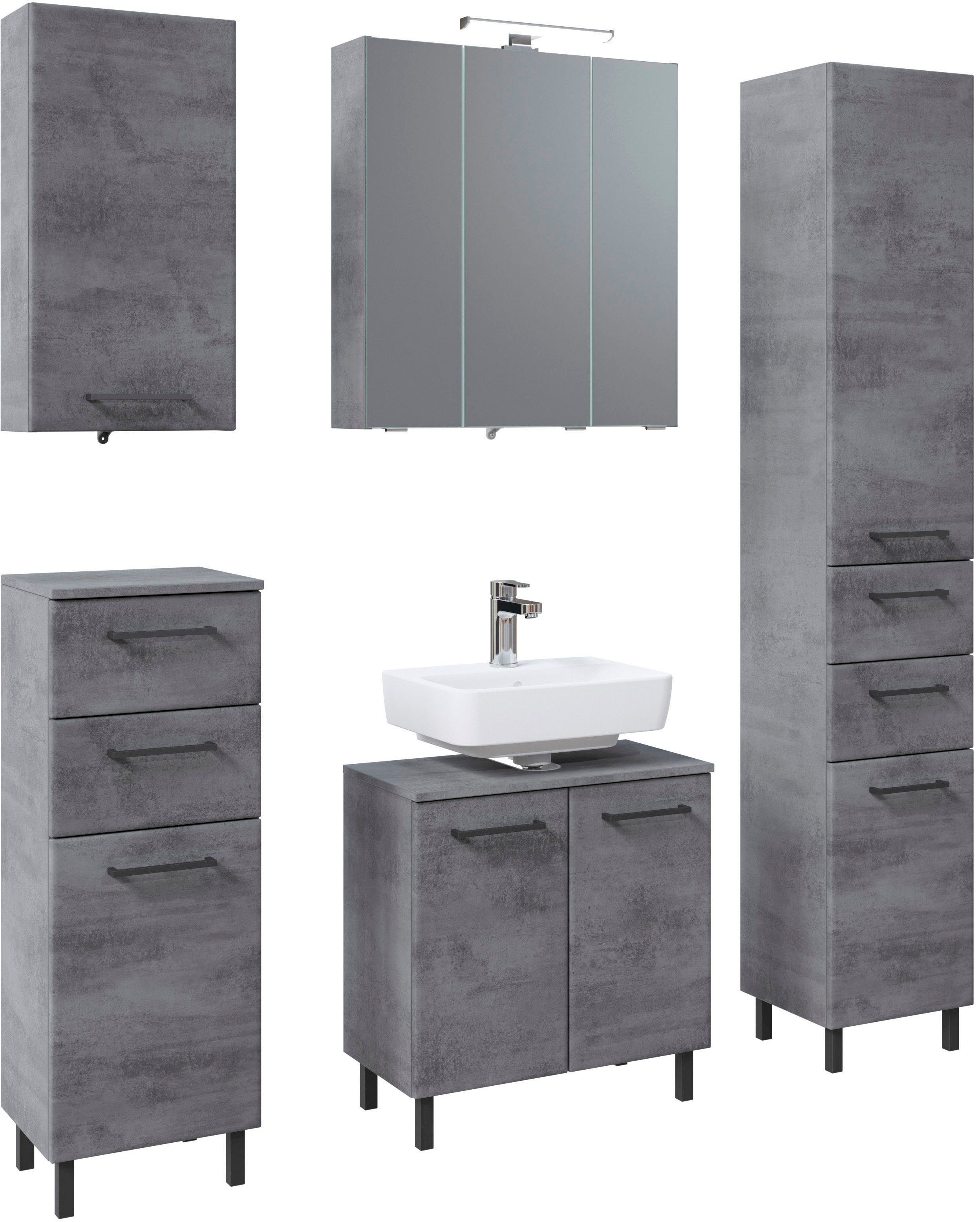 Saphir Badkamerserie Quickset 945 5-delig, wastafelonderkast met led-spiegelkast (5-delig) badmeubelsets grijs