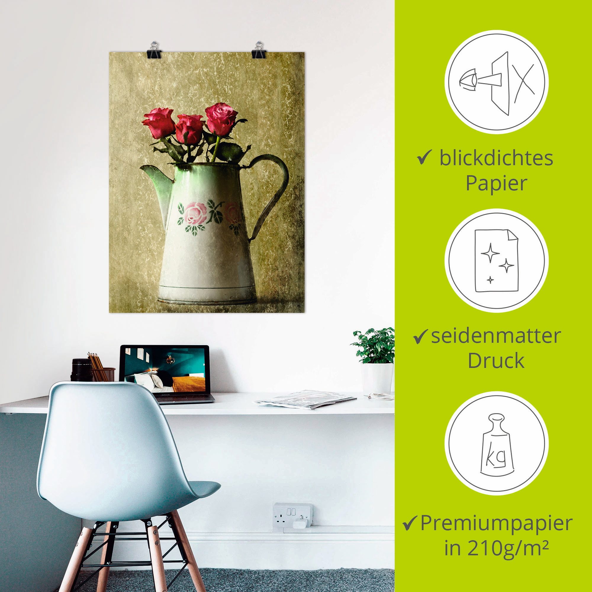 Artland Artprint Drie rozen in een oude kan als poster in verschillende formaten maten
