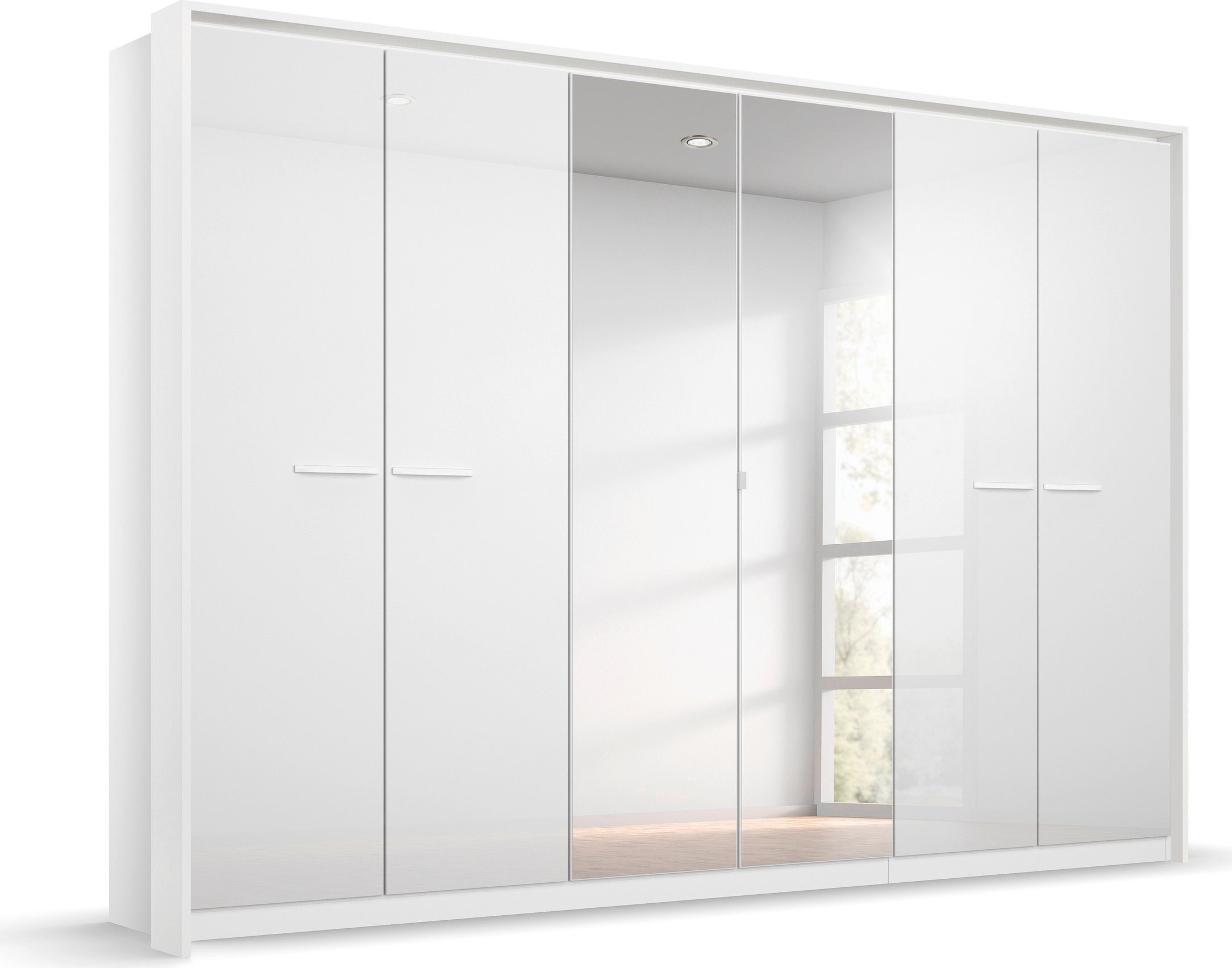 rauch Draaideurkast Oteli met spiegel in het midden en passe-partout, optioneel met verlichting kledingkasten maat 275 cm x 231 cm x 58 cm wit